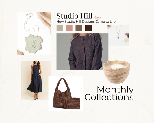 Moodboard showcasing pieces of studio hill designs November collection, featuring neutral-toned clothing, jewelry, candles, and home accents arranged in a cohesive, minimalist layout that reflects the brand's curated, timeless aesthetic.