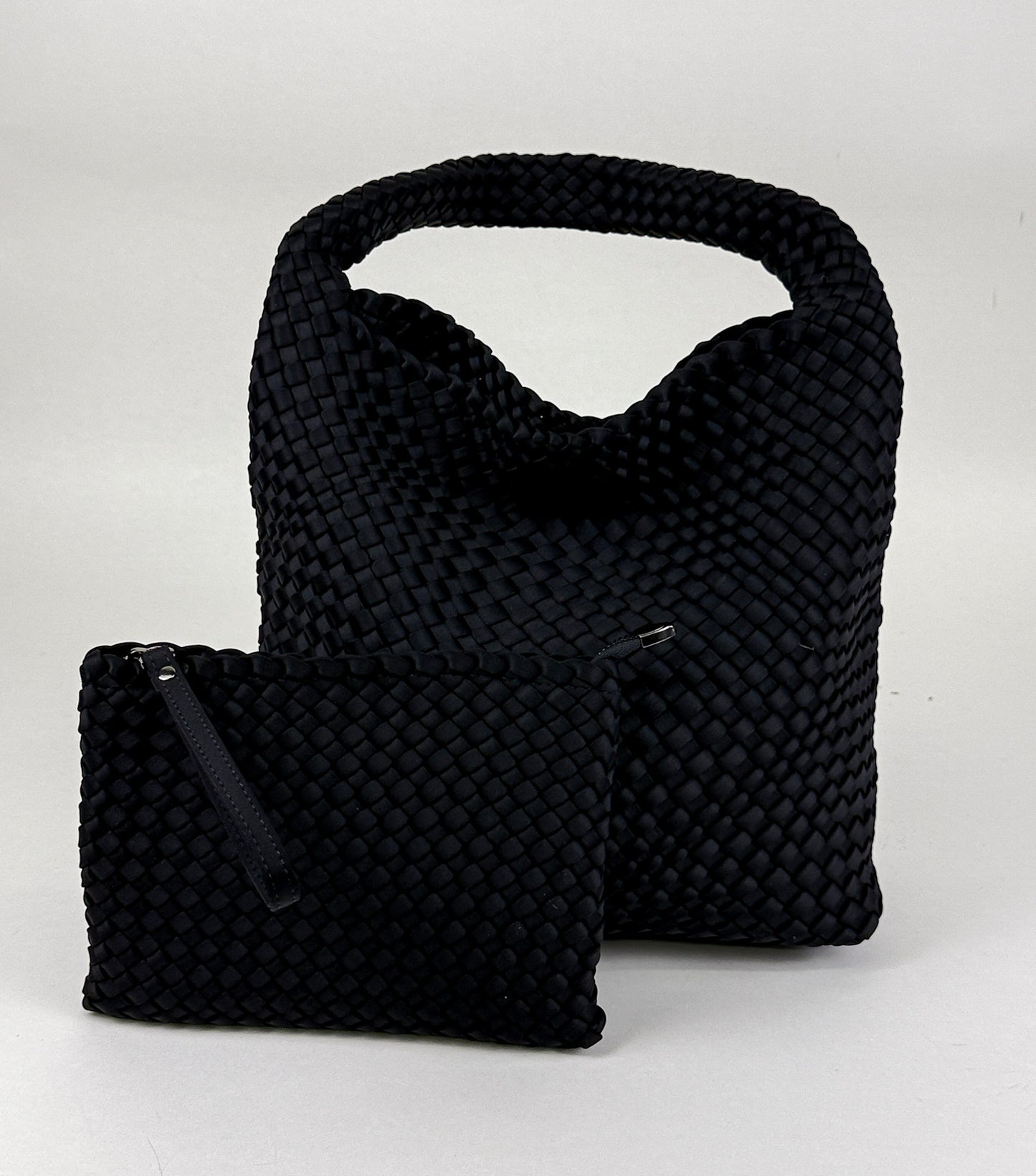 The Autumn Woven Tote handbag in black with matching pouch by Studio Hill Designs on white background