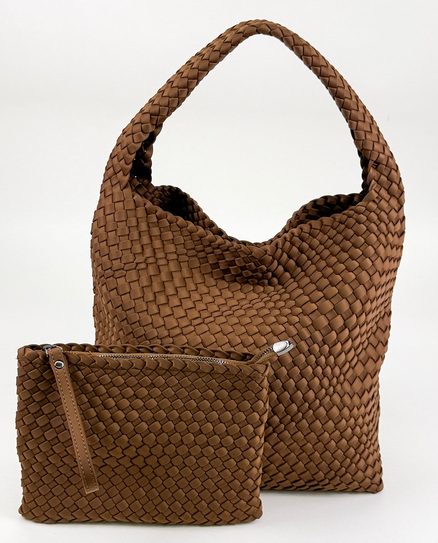 The Autumn Woven Tote handbag in brown with matching pouch by Studio Hill Designs on white background