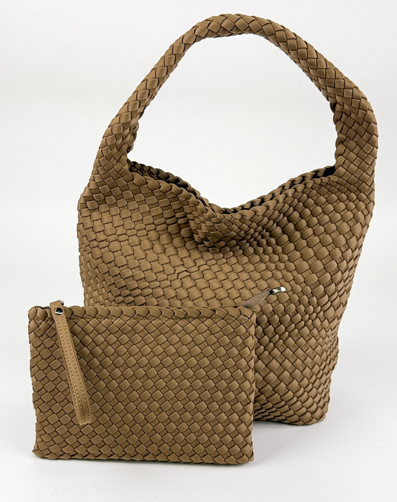 The Autumn Woven Tote handbag in tan with matching pouch by Studio Hill Designs on white background