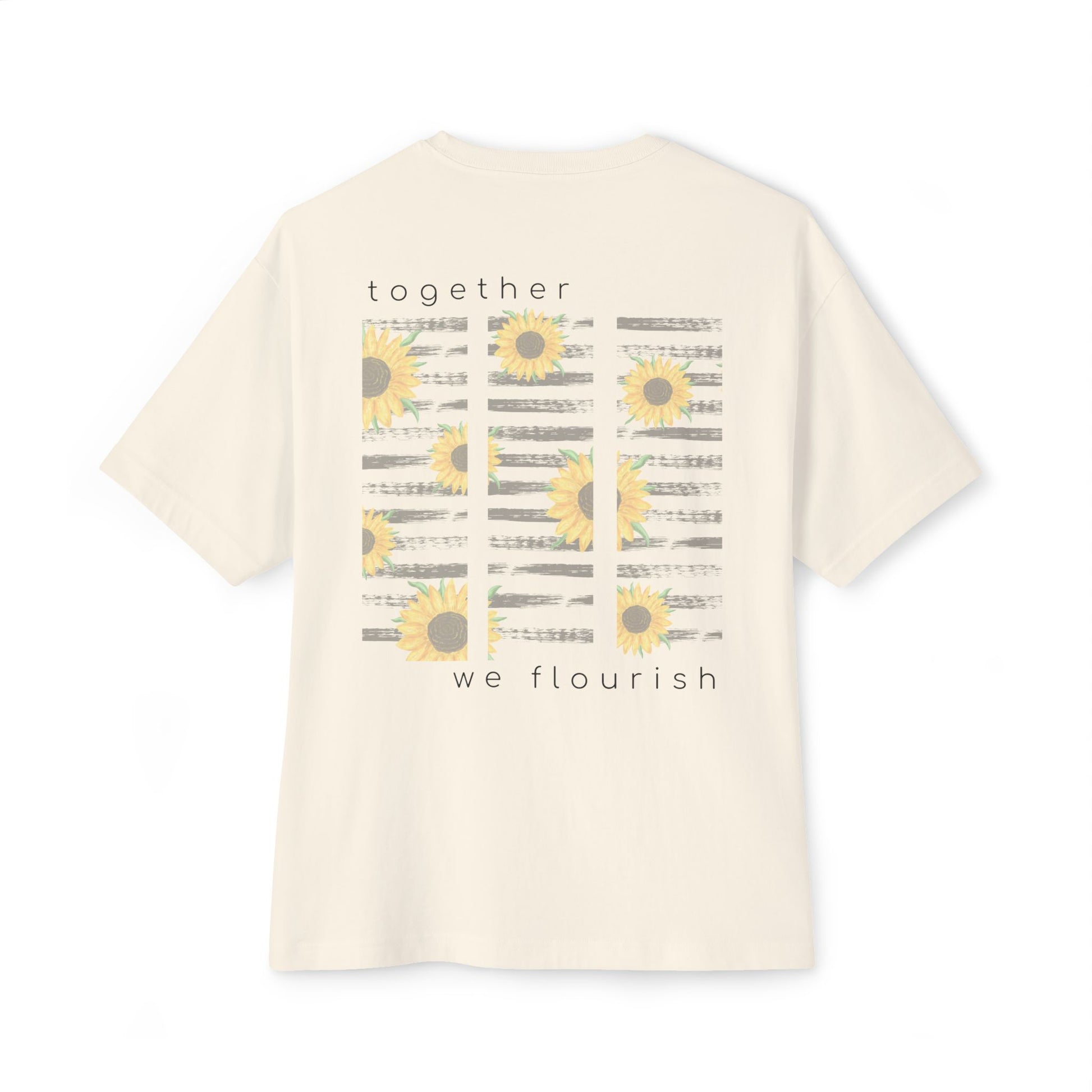 cream t-shirt with sunflower design with text 'together we flourish' on a white background designed by studio hill designs