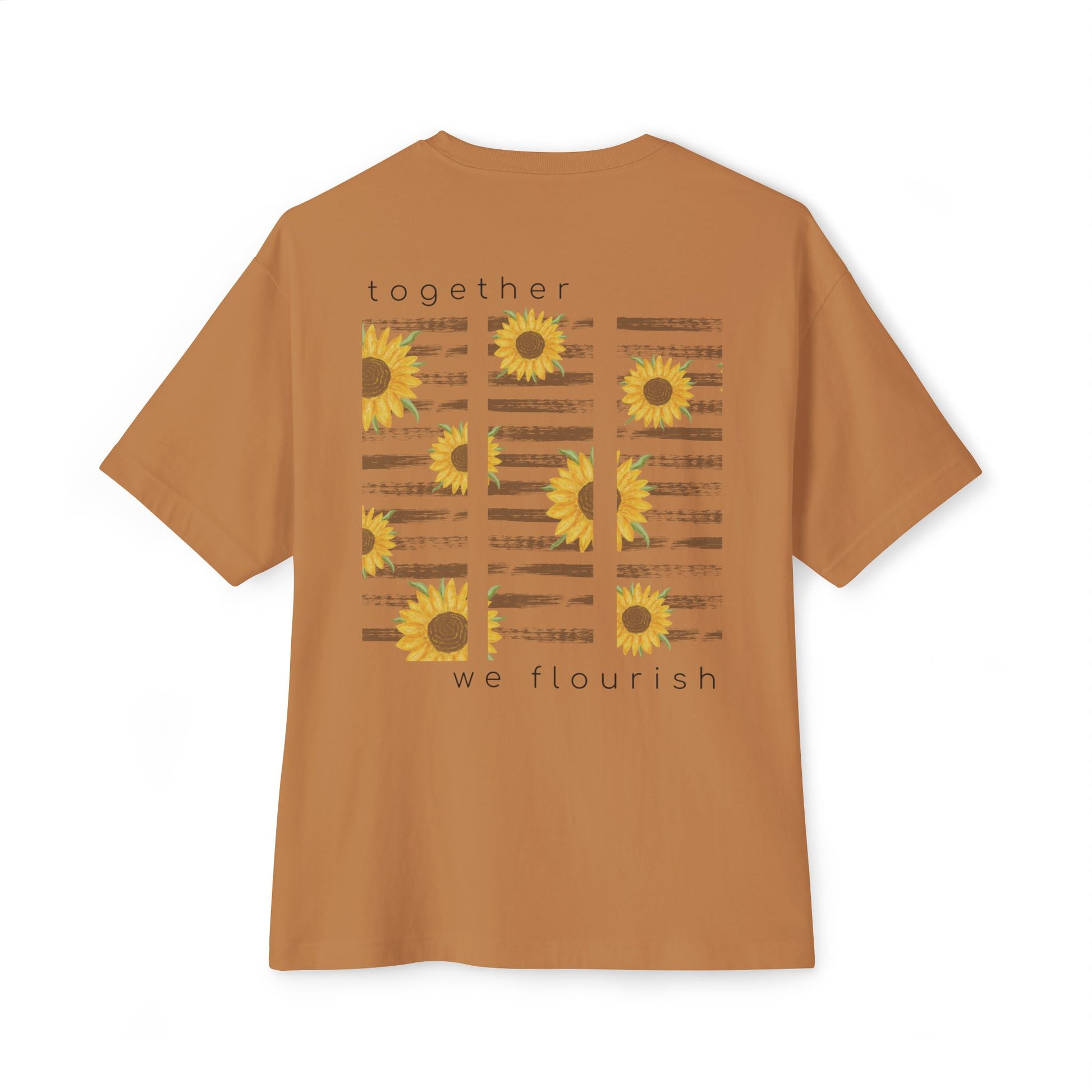 back of orange t-shirt with sunflower design and text "together we flourish" on a white background designed by studio hill designs