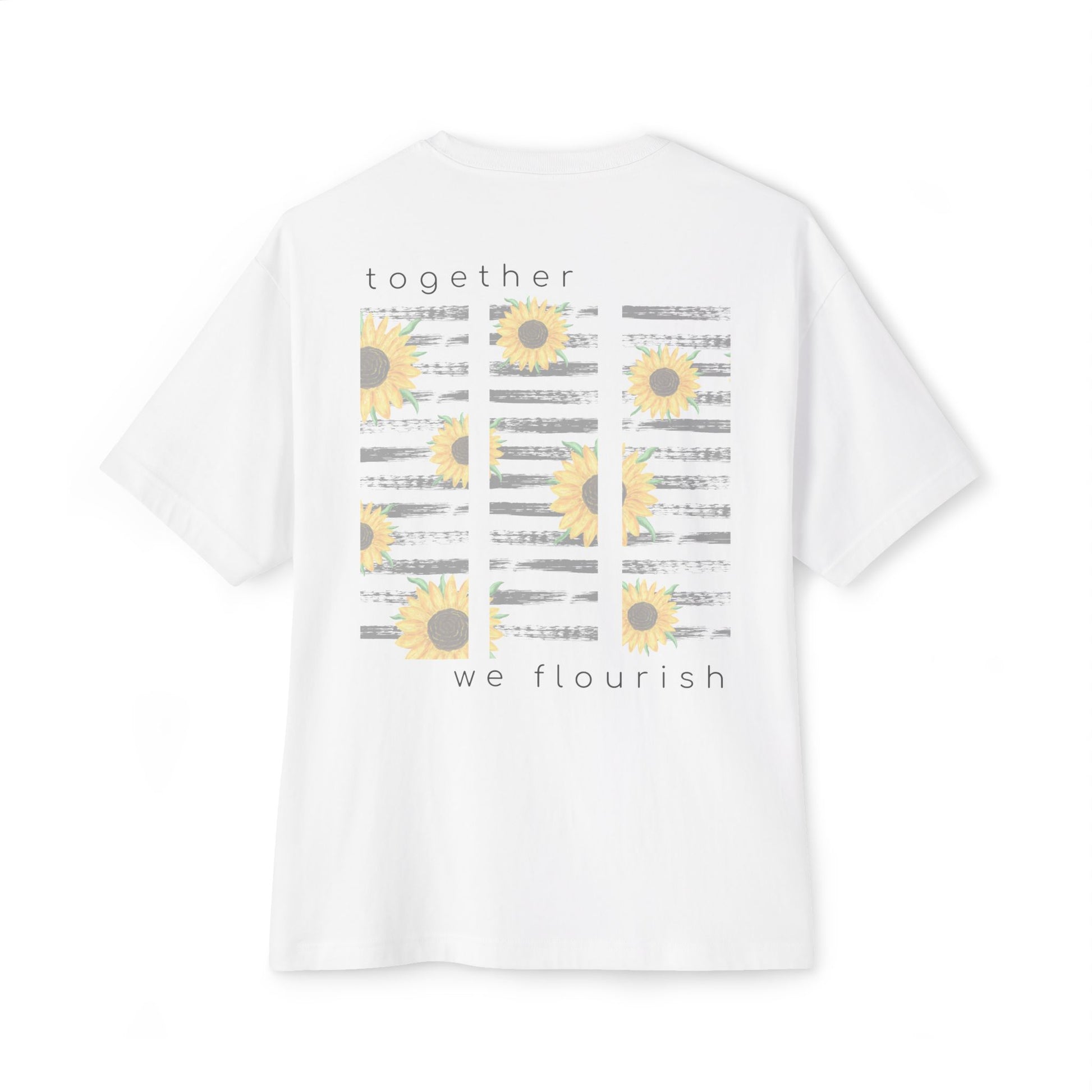 white t-shirt with sunflower design with text 'together we flourish' on a white background designed by studio hill designs