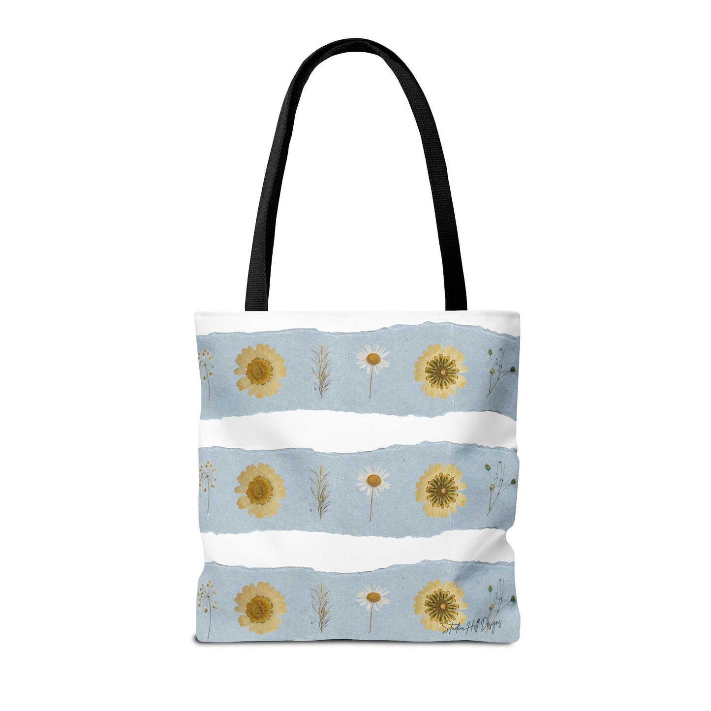 Back of Studio Hill Designs wildflower tote with black strap