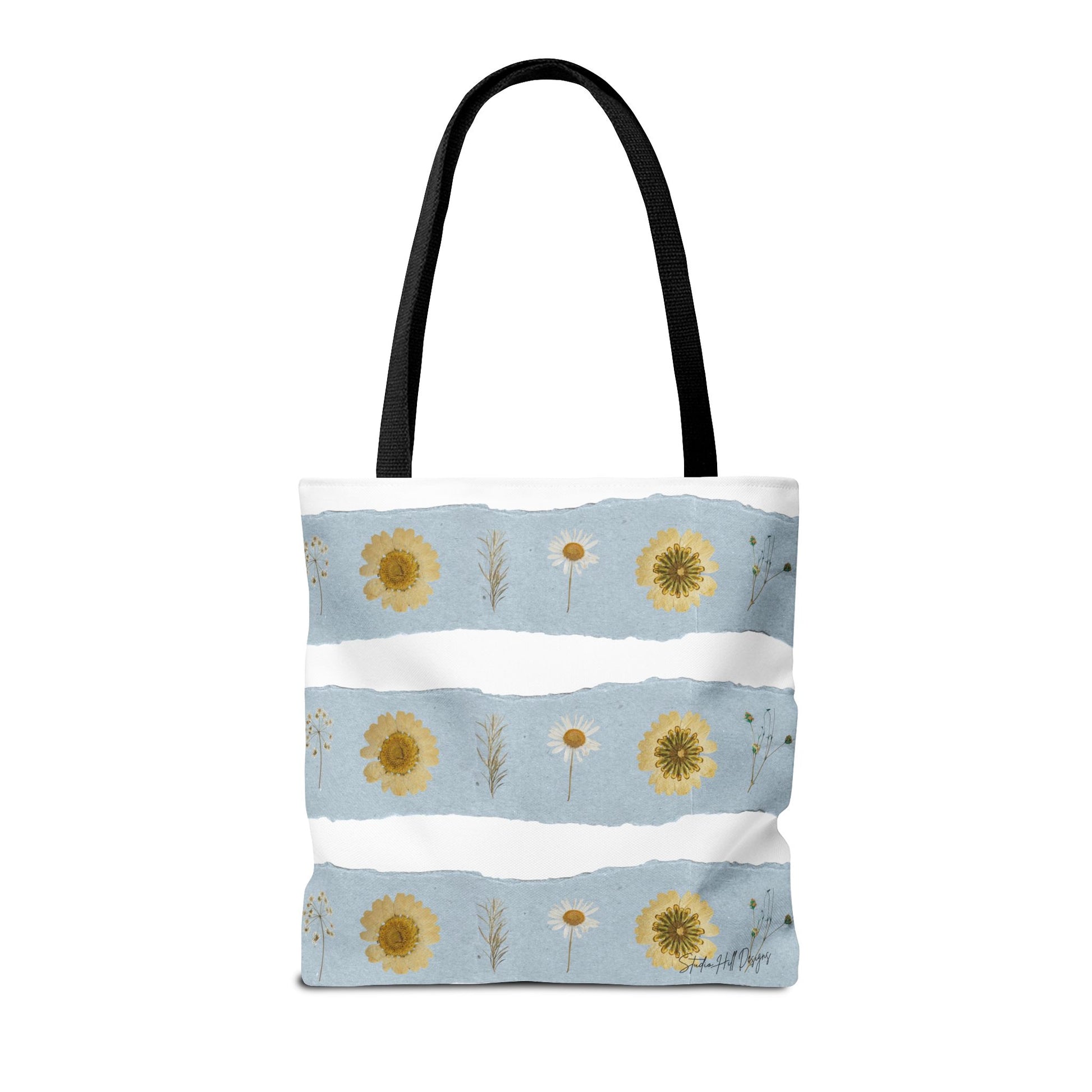 Back of Studio Hill Designs wildflower tote with black strap