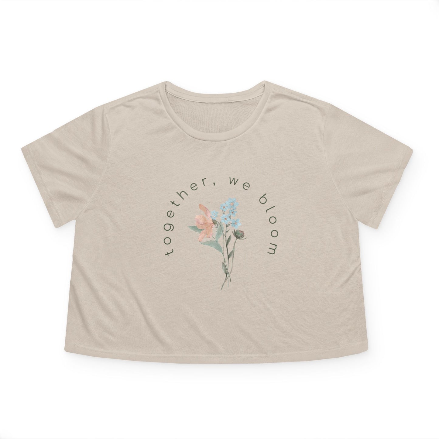 Beige cropped t-shirt by studio hill designs with floral design and text 'together we bloom'  on a white background