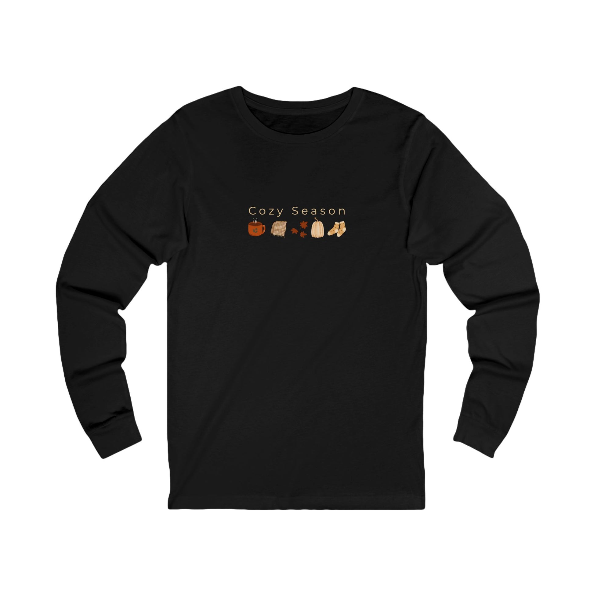 Black  long-sleeve shirt with 'Cozy Season' text and fall-themed graphics on a white background designed by studio hill designs