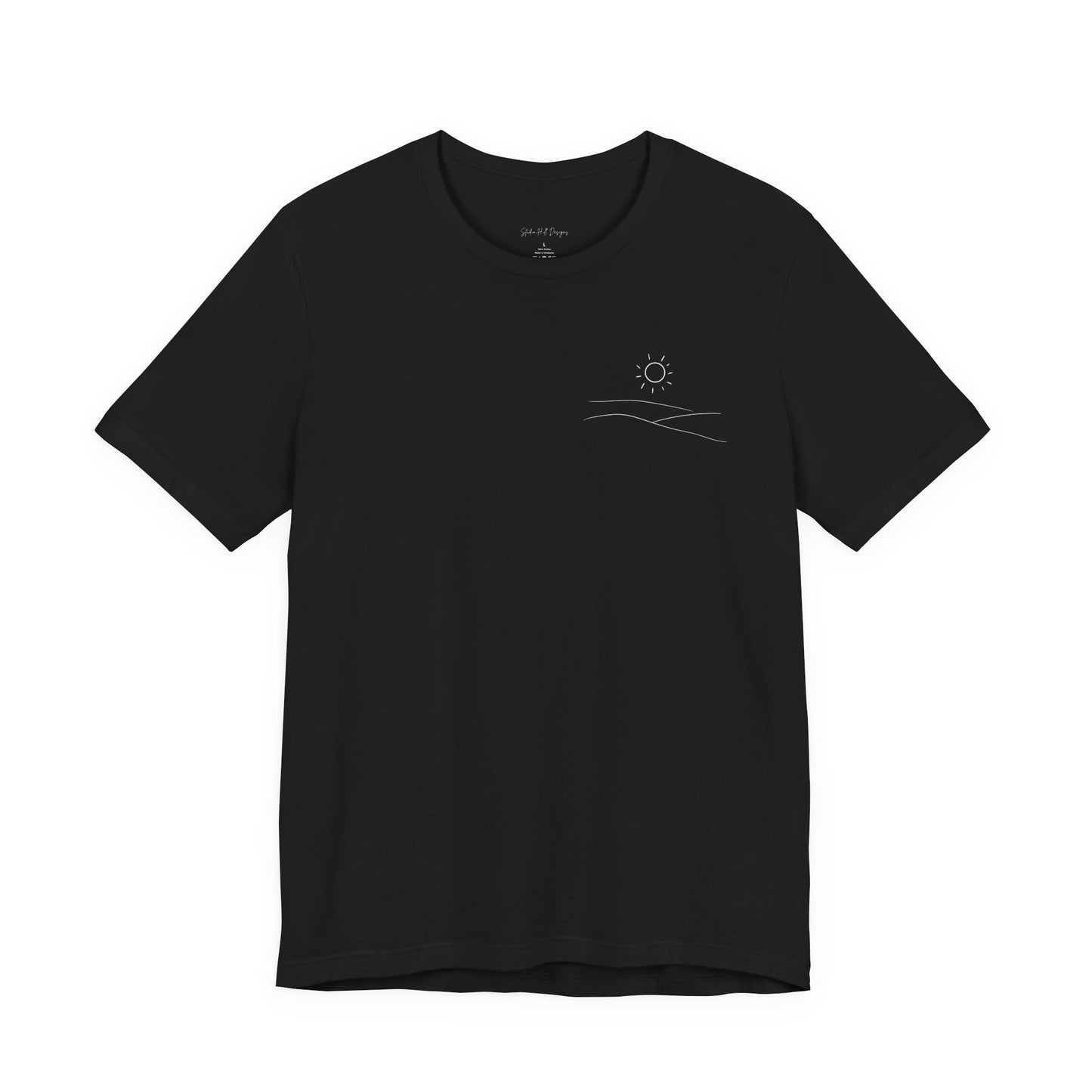 black studio hill designs signature  t-shirt with a small rolling hills and sun logo on a white background