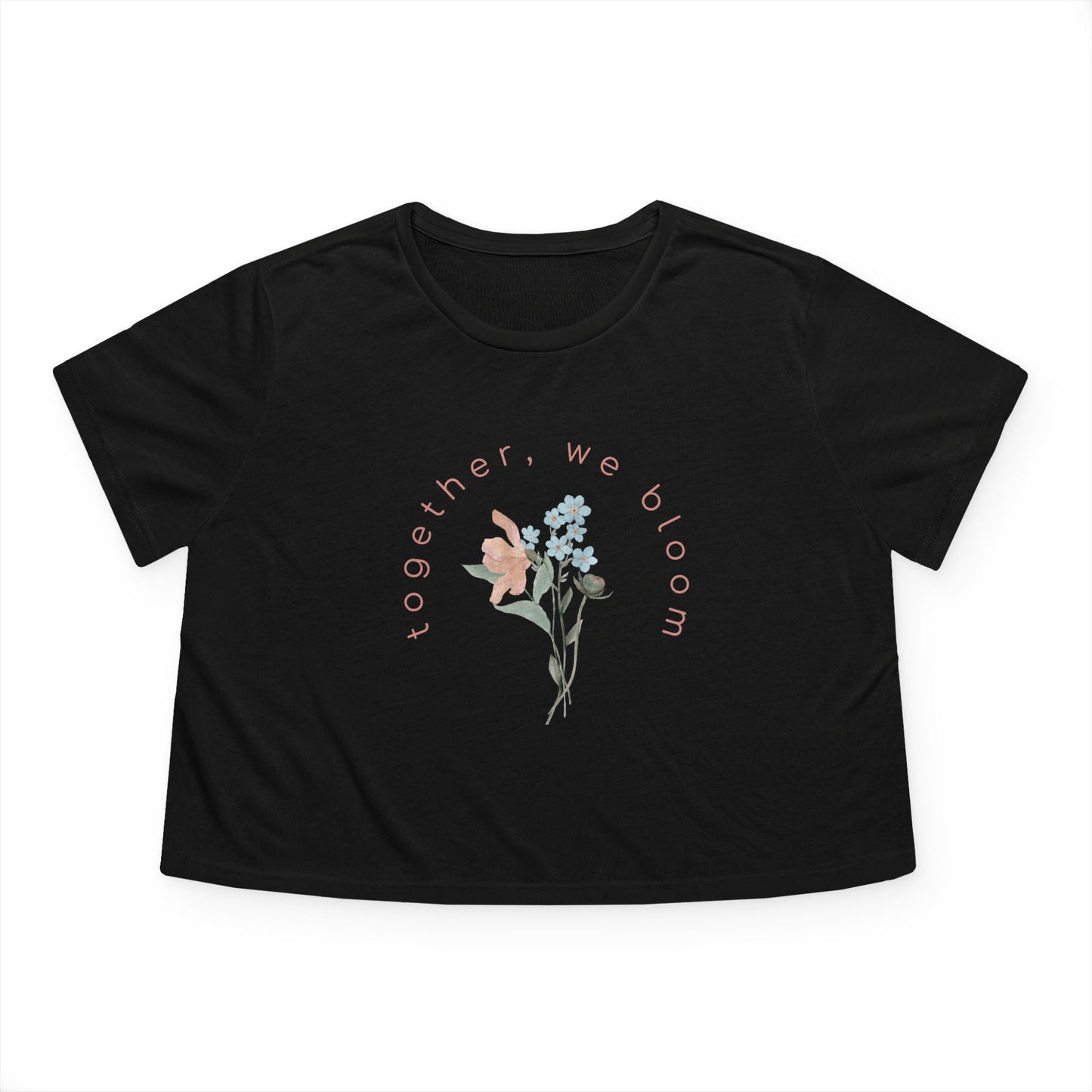 Black cropped t-shirt by studio hill designs with floral design and text 'together we bloom'  on a white background