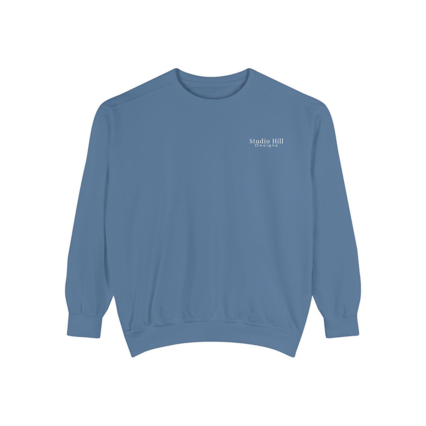 Front of Studio Hill Designs unisex blue crew sweatshirt 