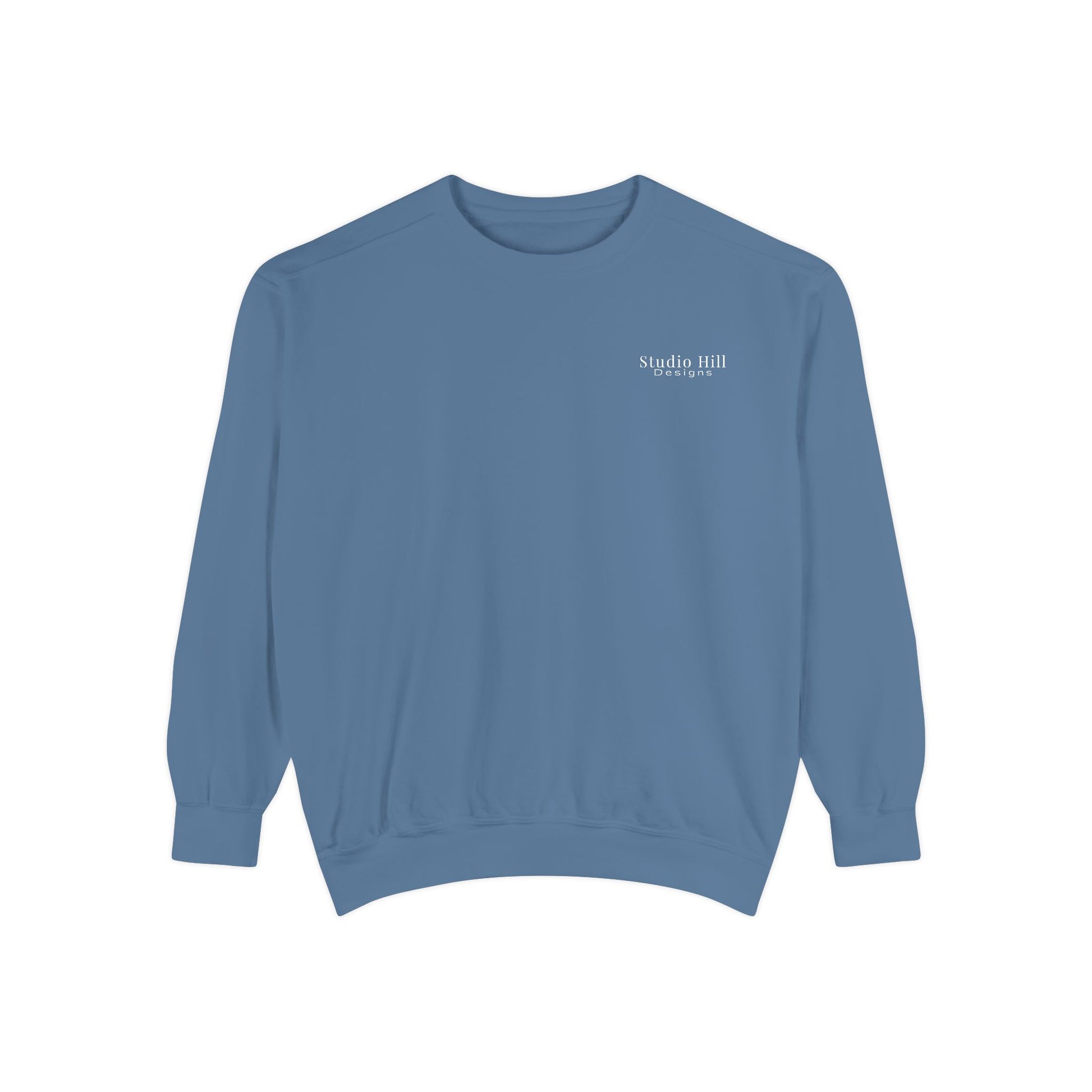 Front of Studio Hill Designs unisex blue crew sweatshirt 