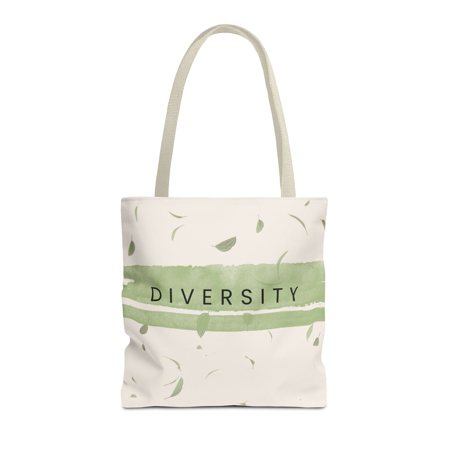 Studio Hill Designs canvas tote bag in light cream with green stripe and Diversity text.