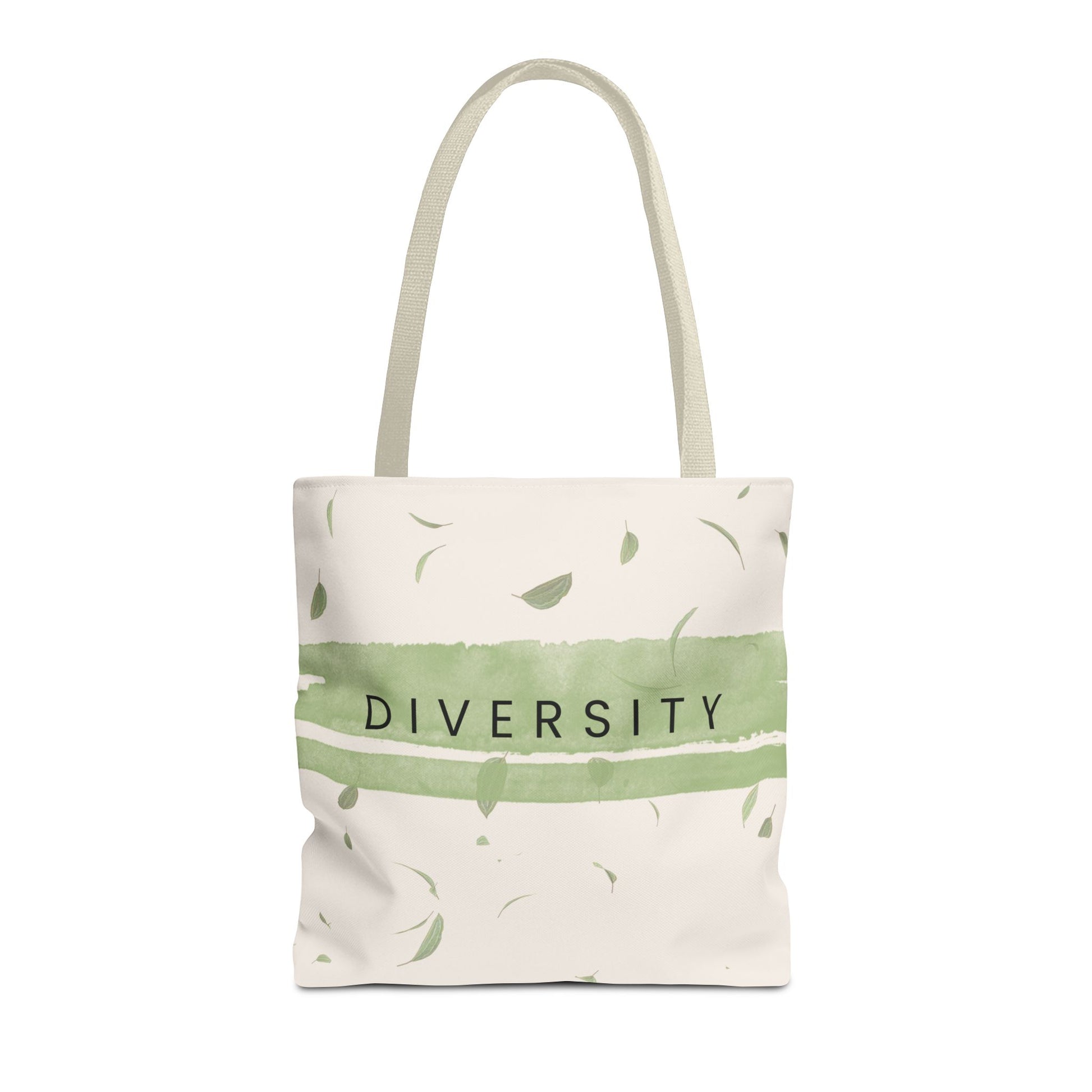 Studio Hill Designs canvas tote bag in light cream with green stripe and Diversity text.