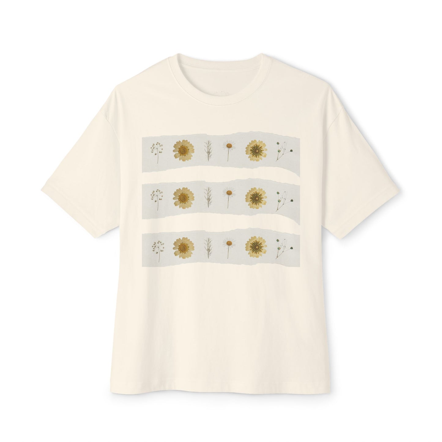 Cream oversized wildflower graphic t-shirt with blue stripes on a white background created by Studio Hill Designs.