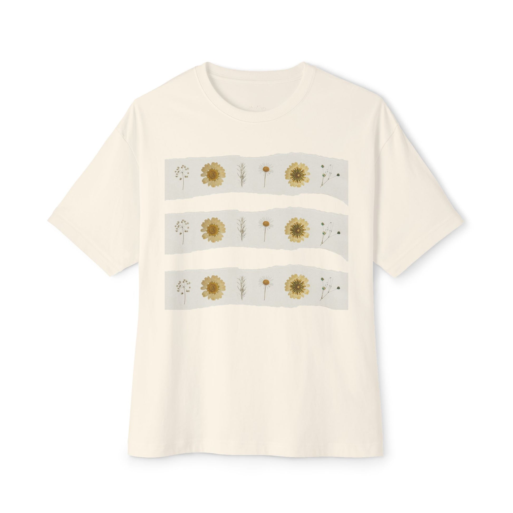 Cream oversized wildflower graphic t-shirt with blue stripes on a white background created by Studio Hill Designs.