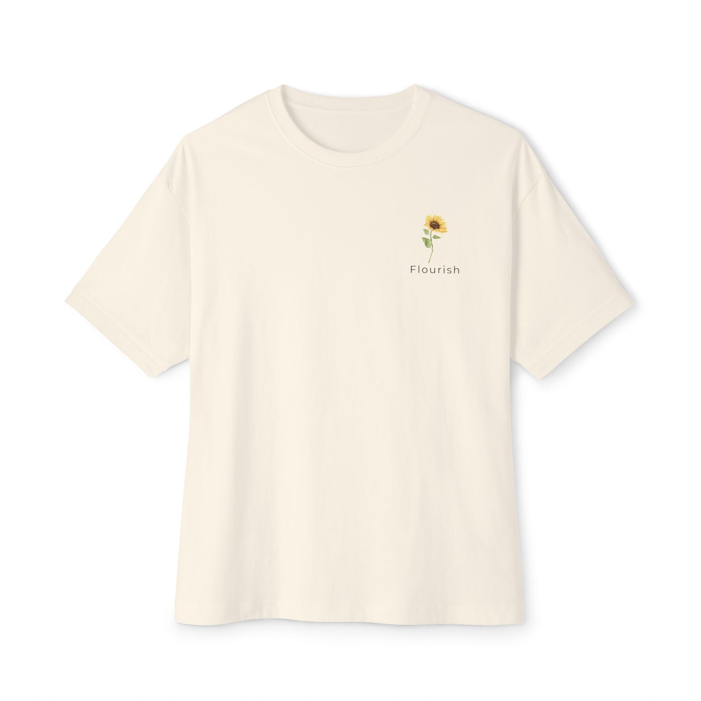 cream t-shirt with a small sunflower design and 'Flourish' text underneath on a white background designed by studio hill designs