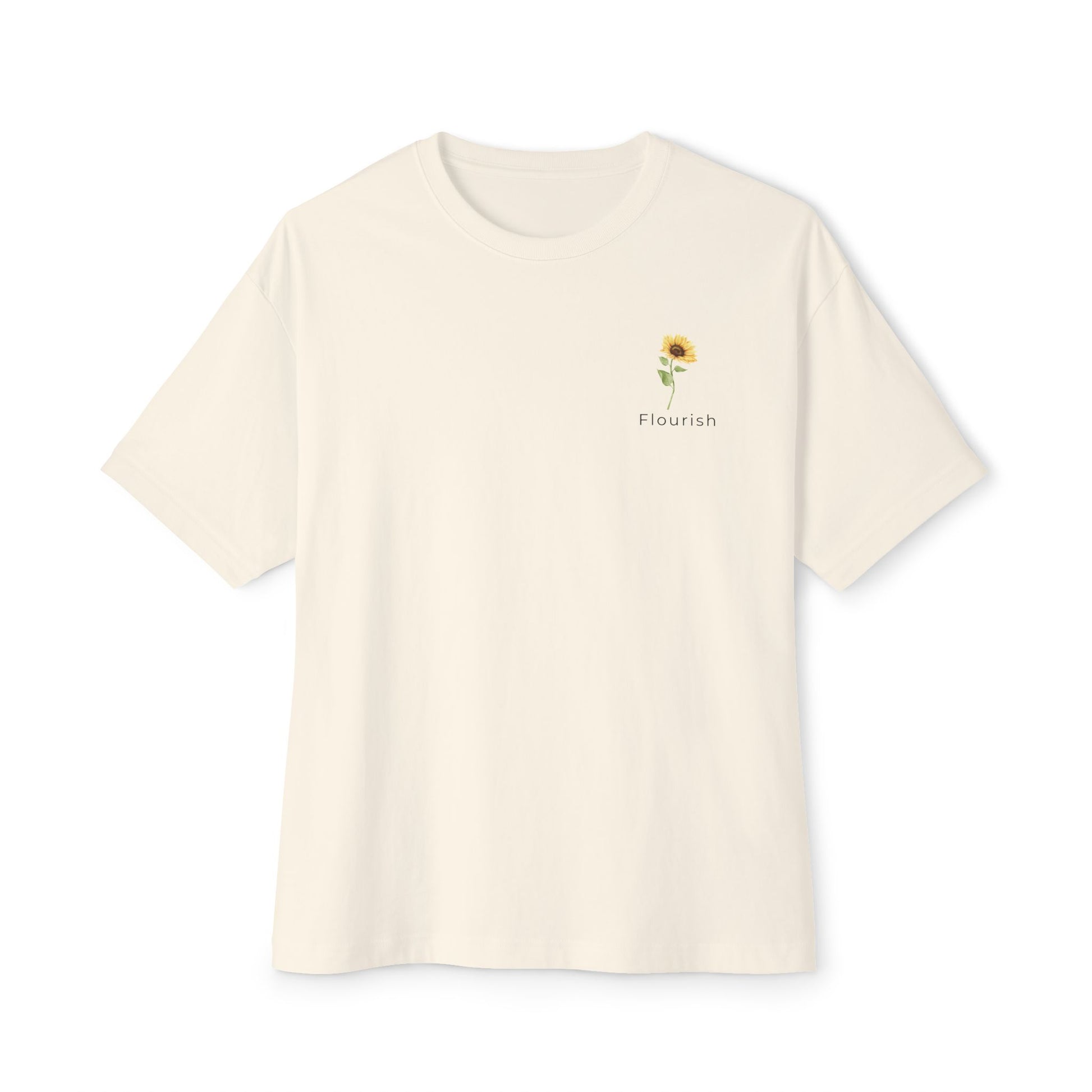 cream t-shirt with a small sunflower design and 'Flourish' text underneath on a white background designed by studio hill designs