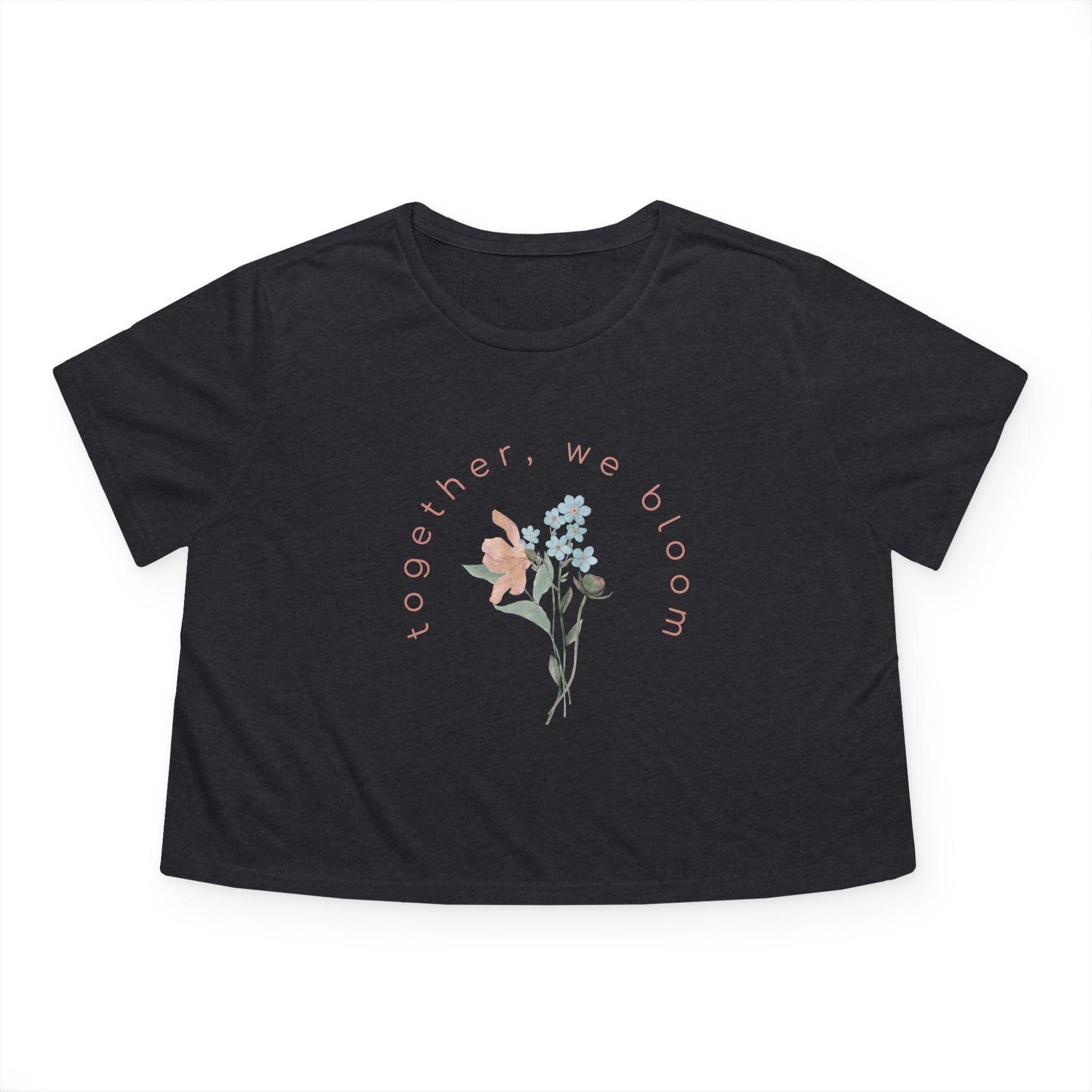 dark heather grey cropped t-shirt by studio hill designs with floral design and text 'together we bloom'  on a white background