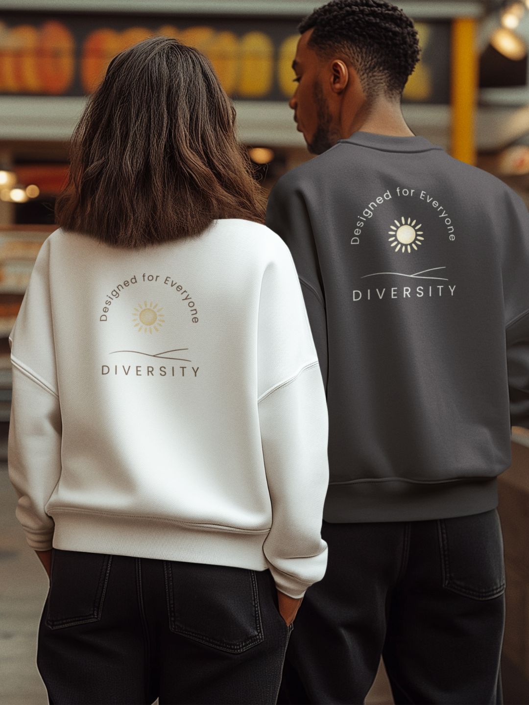 2 people from behind in grocery store wearing designed for everyone diversity sweatshirt. male is wearing the color pepper and female is wearing white. designed by studio hill designs