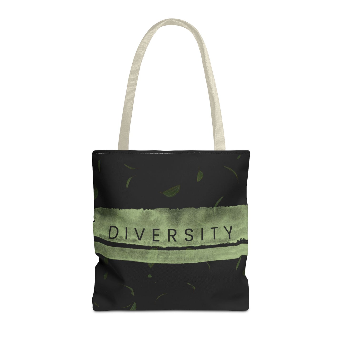 Studio Hill Designs black canvas tote bag with green stripe and Diversity text