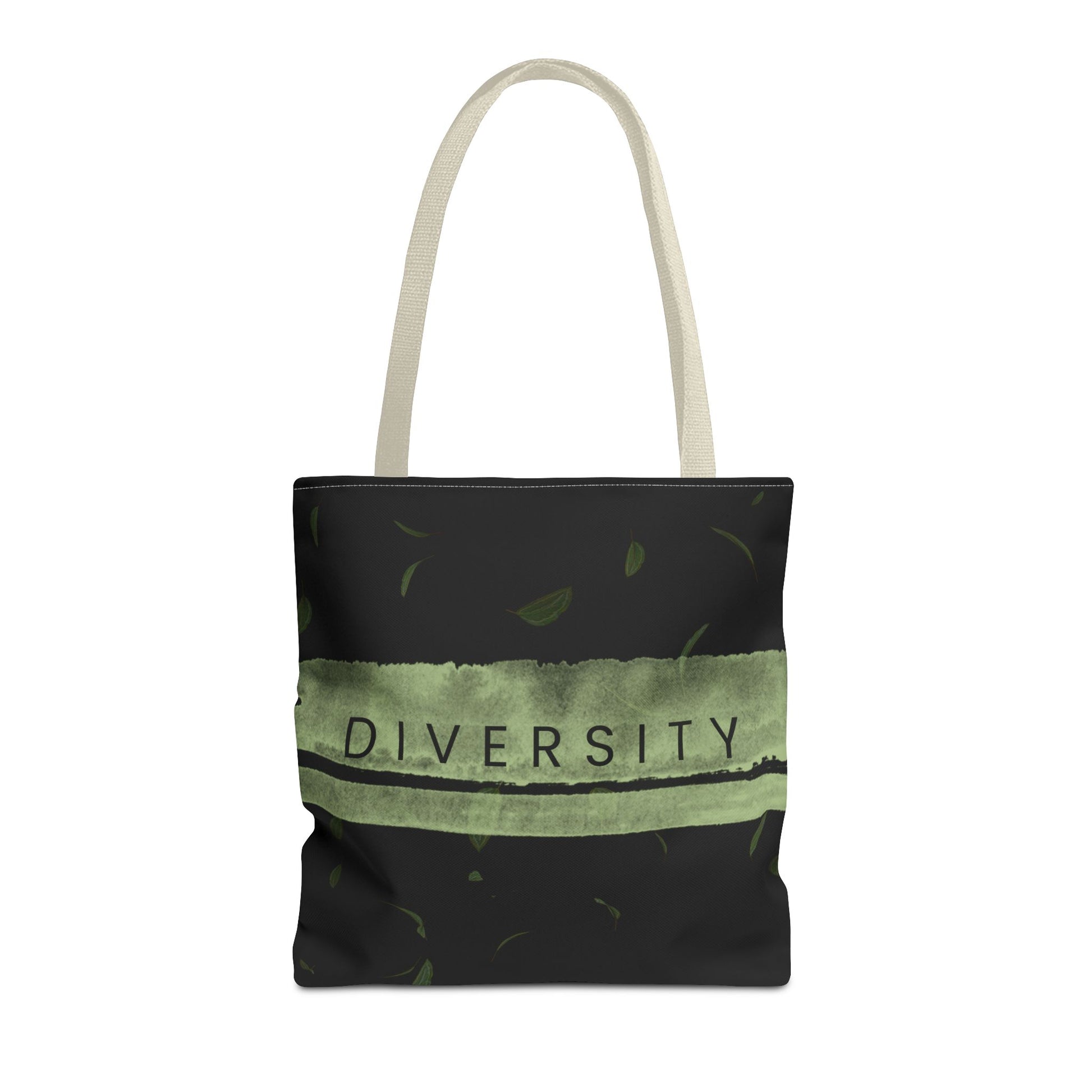 Studio Hill Designs black canvas tote bag with green stripe and Diversity text