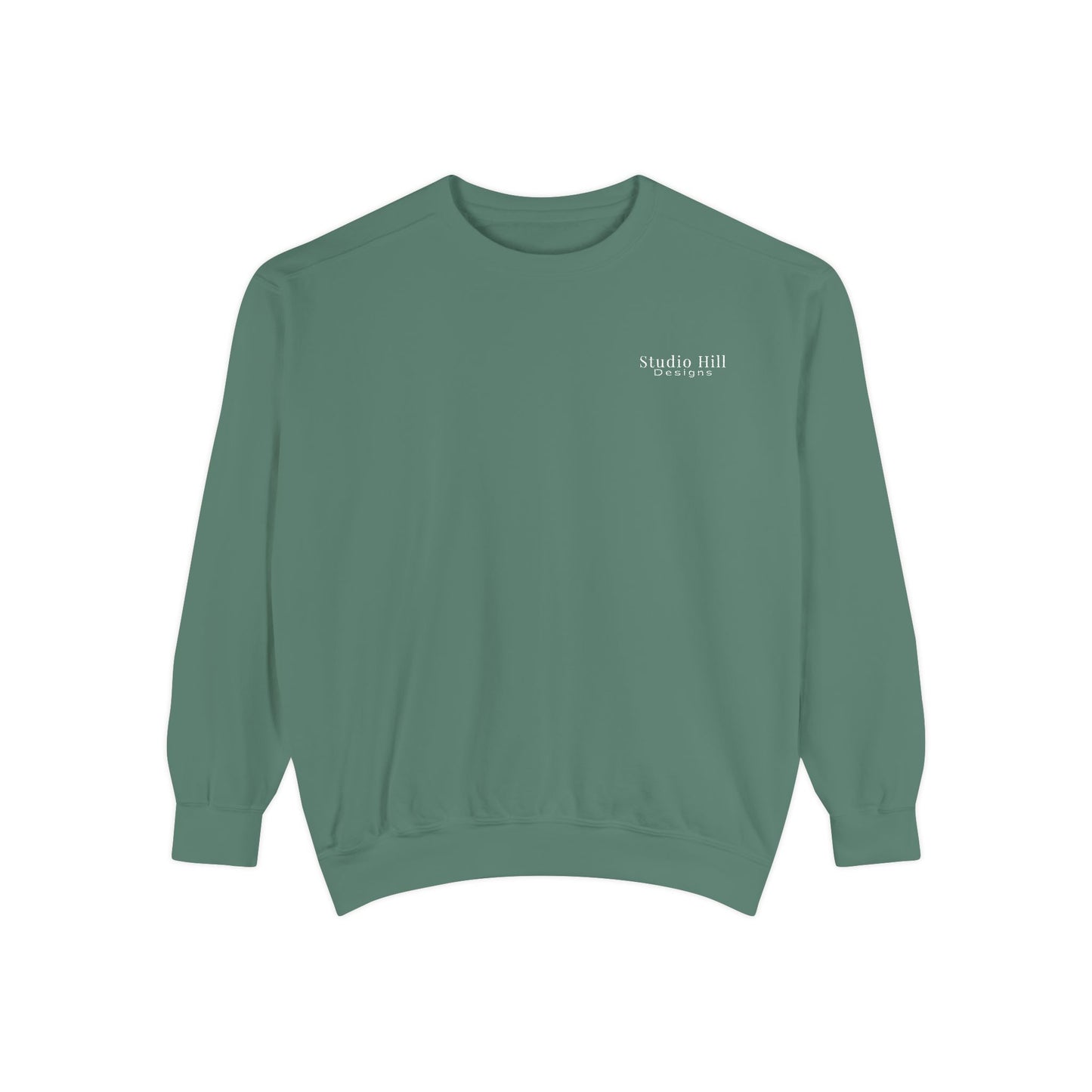 Front of Studio Hill Designs unisex green crew sweatshirt 