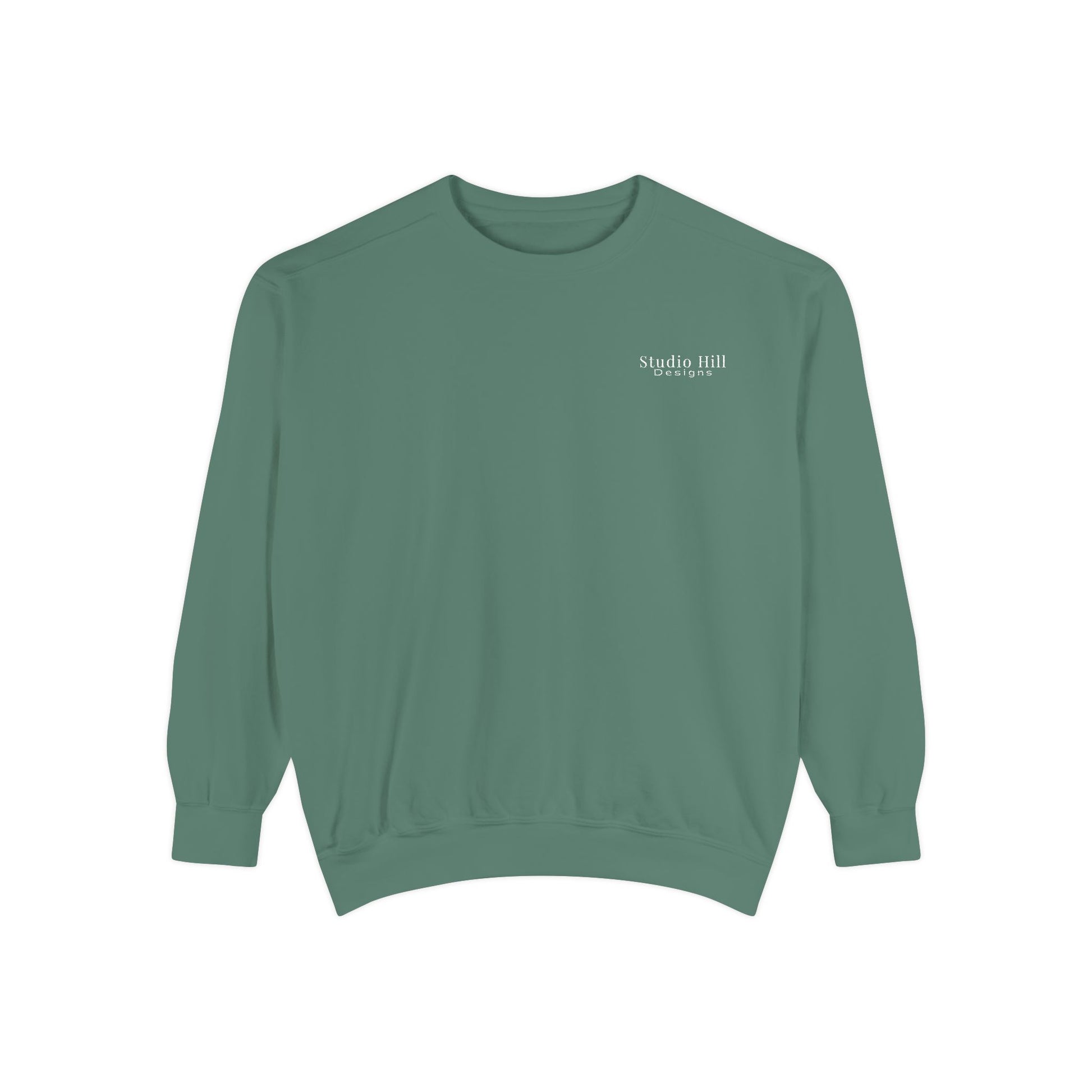 Front of Studio Hill Designs unisex green crew sweatshirt 
