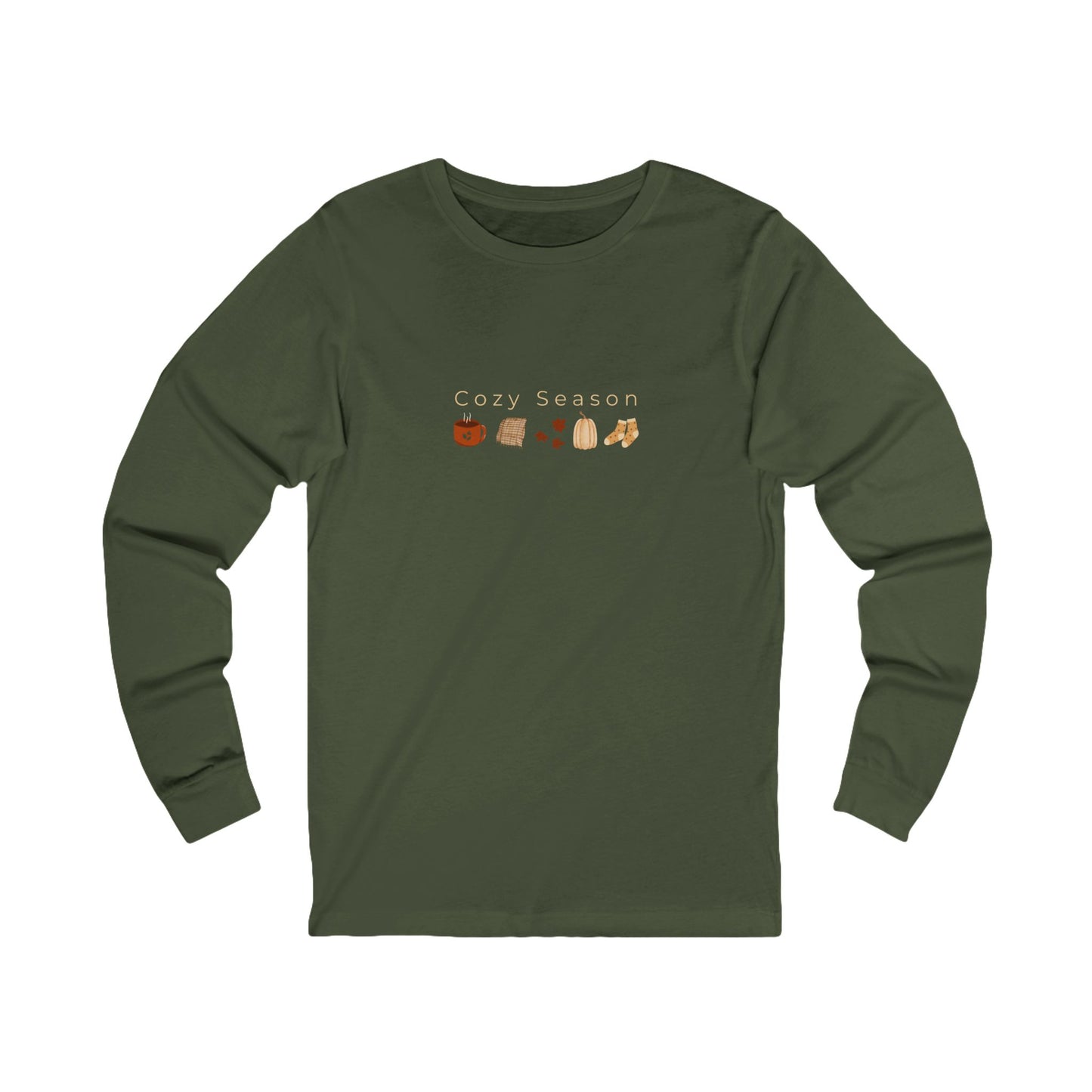 Army green long-sleeve shirt with 'Cozy Season' text and fall-themed graphics on a white background designed by studio hill designs