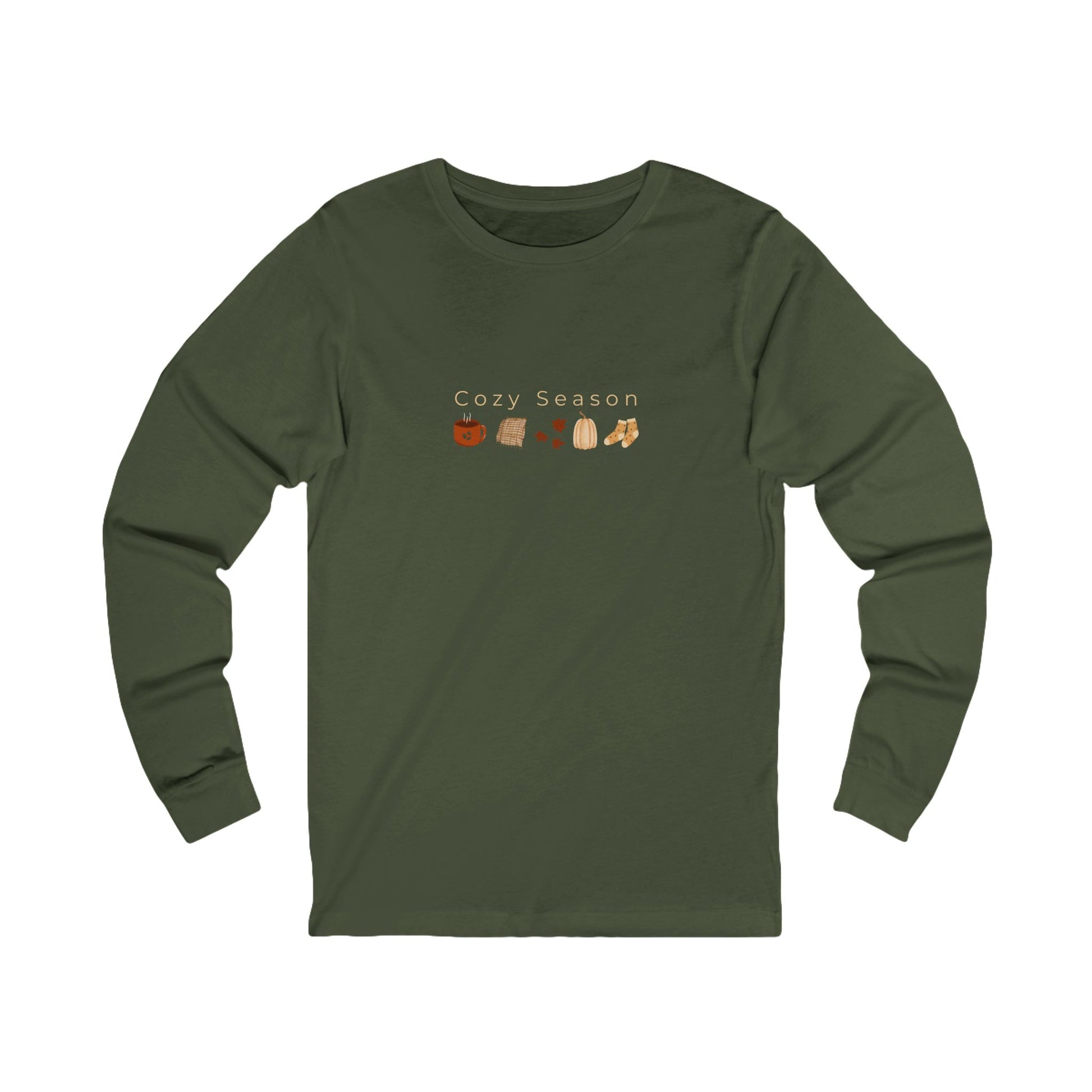 Army green long-sleeve shirt with 'Cozy Season' text and fall-themed graphics on a white background designed by studio hill designs