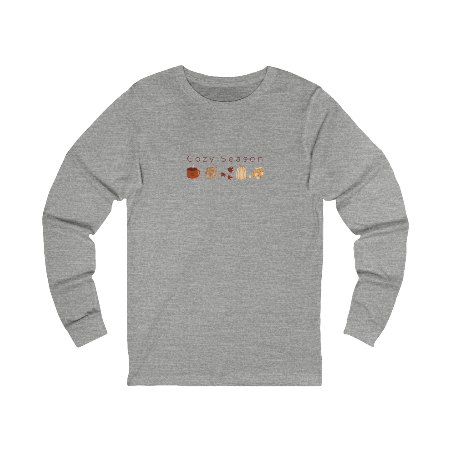 Gray long-sleeve shirt with 'Cozy Season' text and fall-themed graphics on a white background designed by studio hill designs