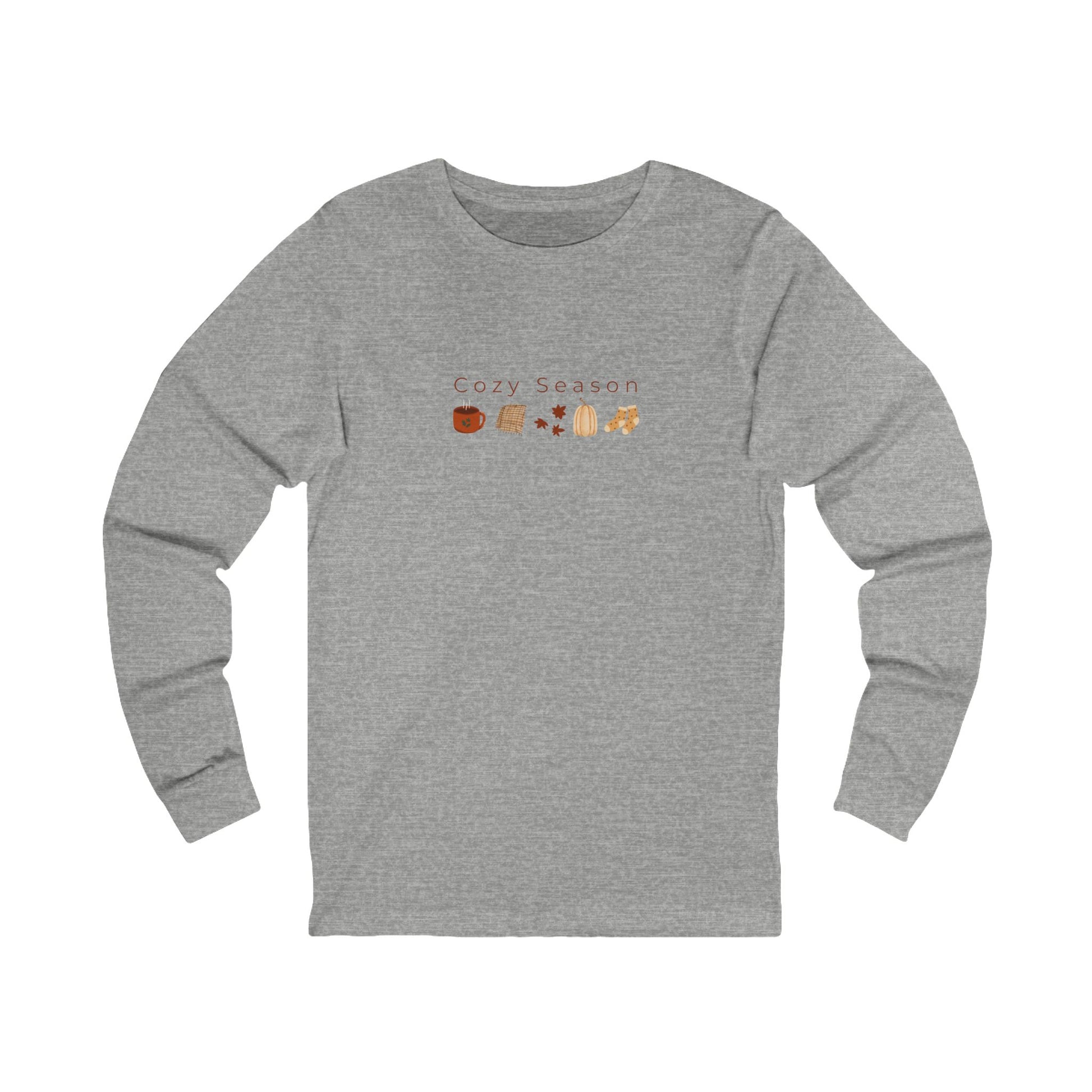 Gray long-sleeve shirt with 'Cozy Season' text and fall-themed graphics on a white background designed by studio hill designs