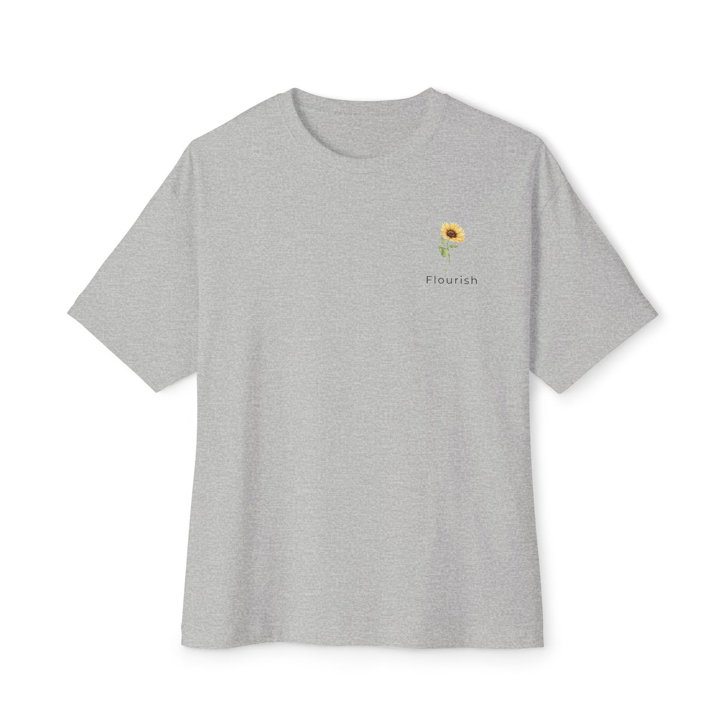 grey t-shirt with a small sunflower design and 'Flourish' text underneath on a white background designed by studio hill designs