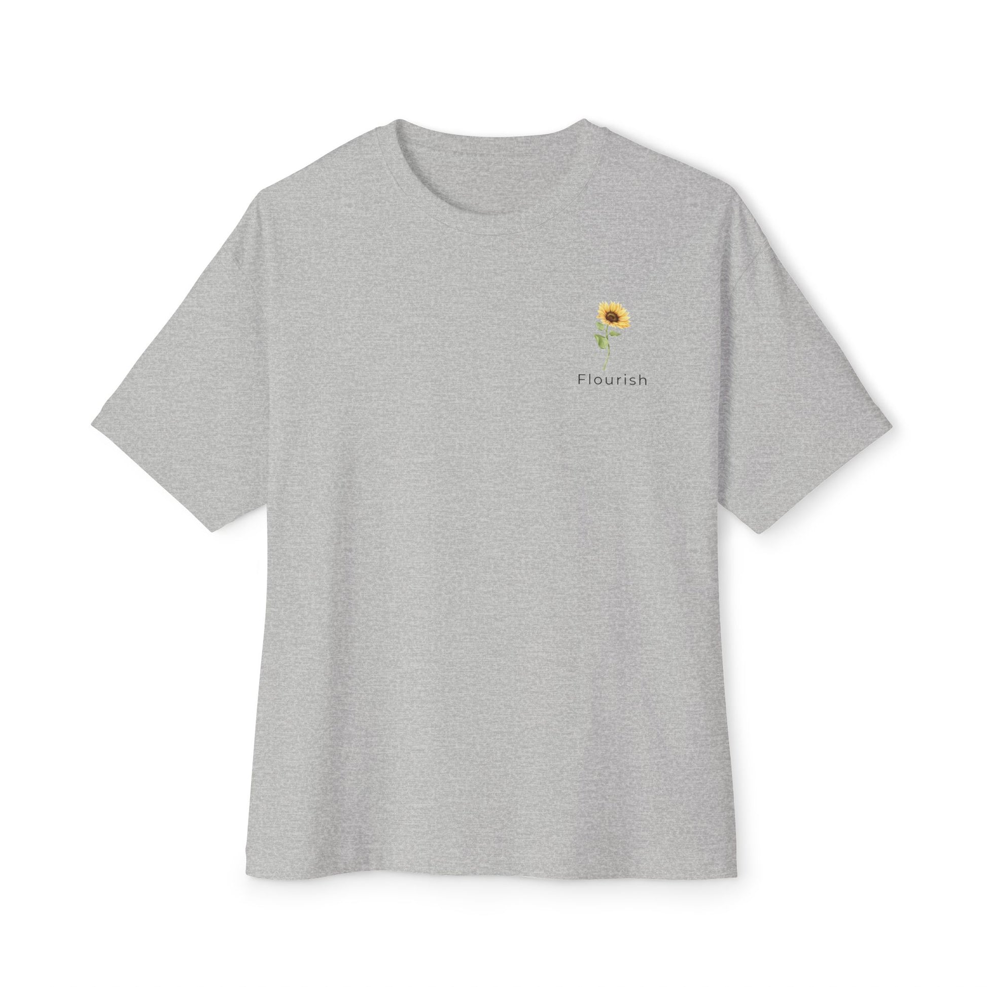 grey t-shirt with a small sunflower design and 'Flourish' text underneath on a white background designed by studio hill designs