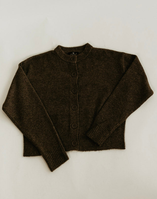 Flat lay of The Elise Wool Blend cardigan in brown on white background by studio hill designs