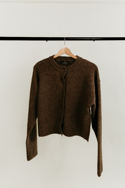 The Elise Wool Blend Cardigan in brown on a hanger against a white background