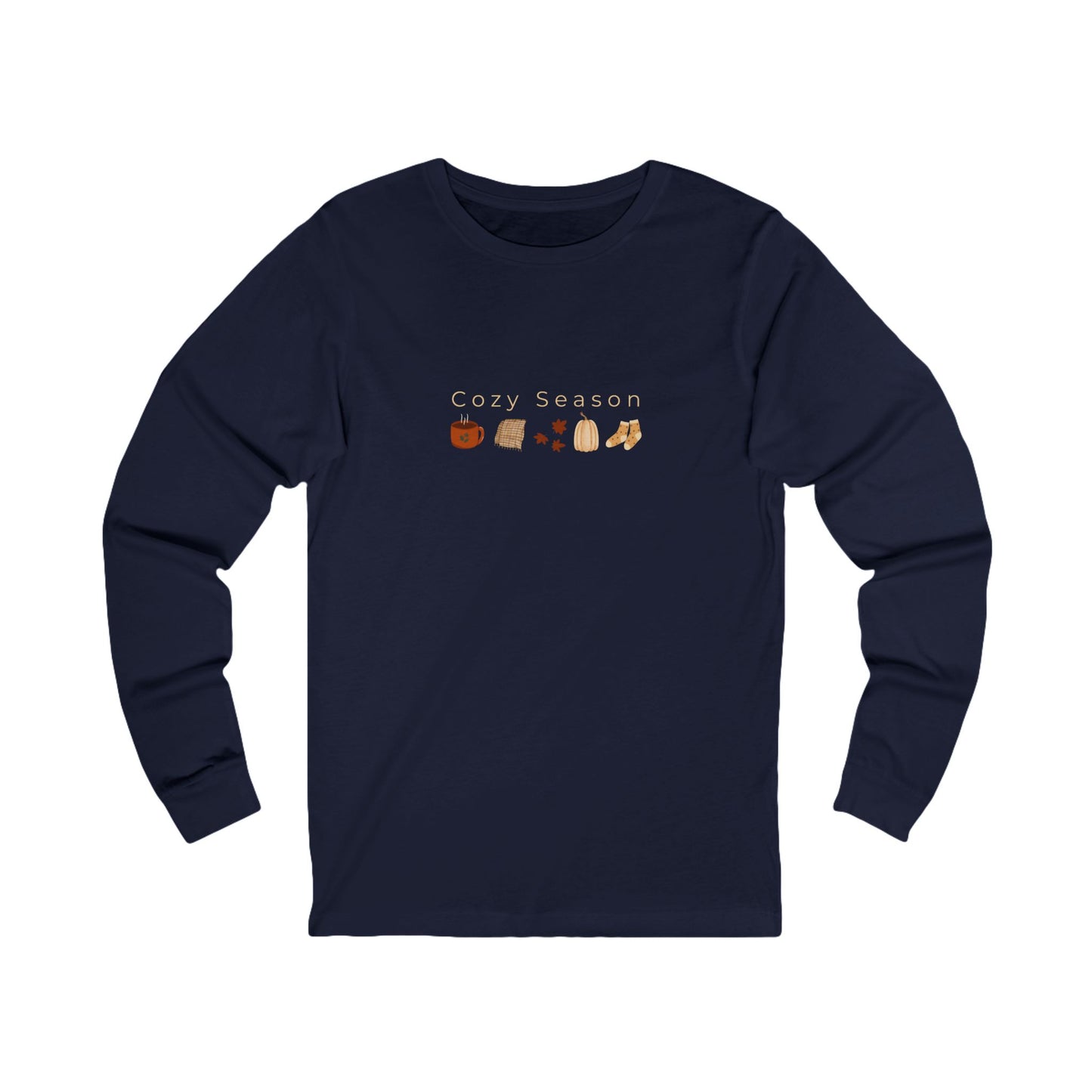 Navy blue long-sleeve shirt with 'Cozy Season' text and fall-themed graphics on a white background designed by studio hill designs