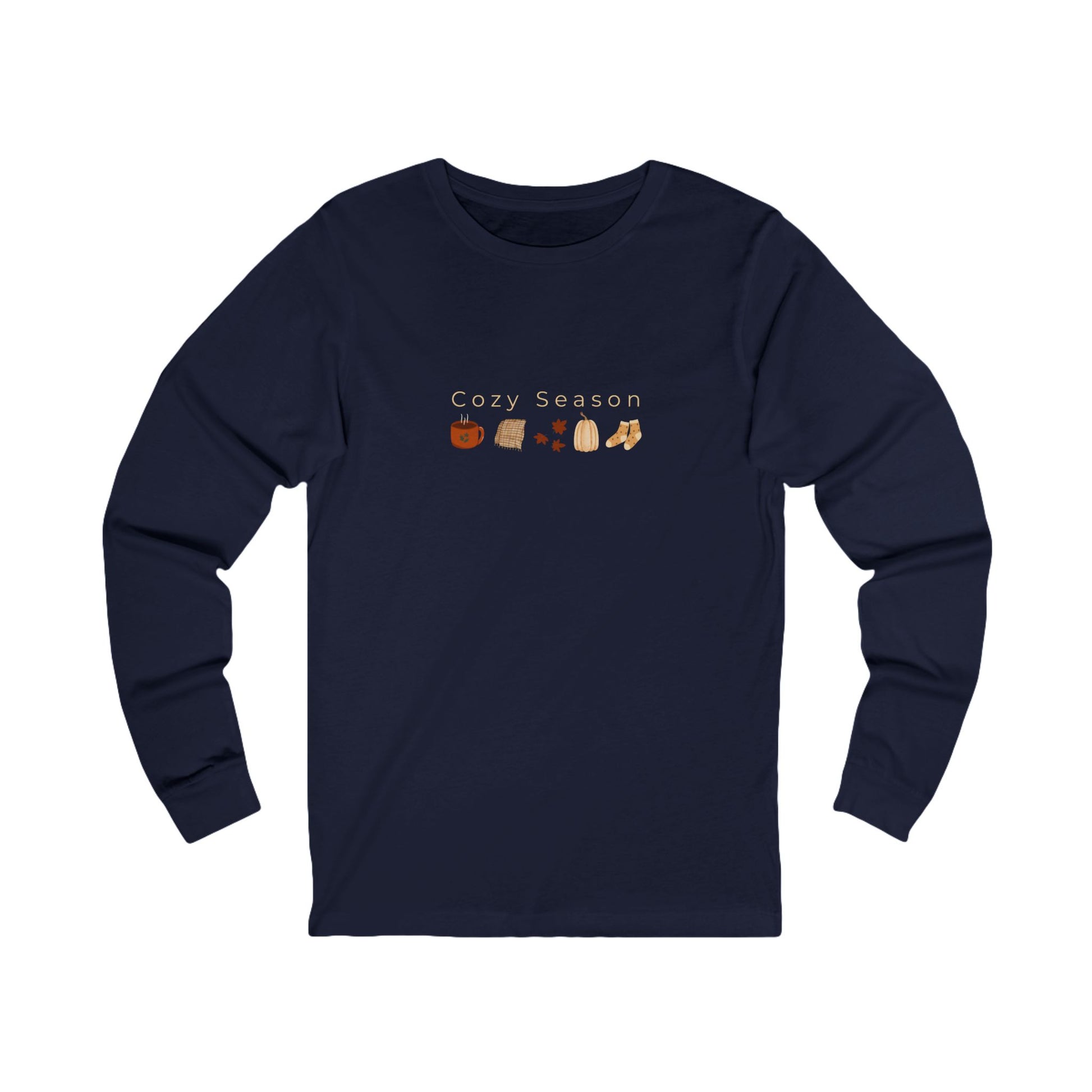 Navy blue long-sleeve shirt with 'Cozy Season' text and fall-themed graphics on a white background designed by studio hill designs
