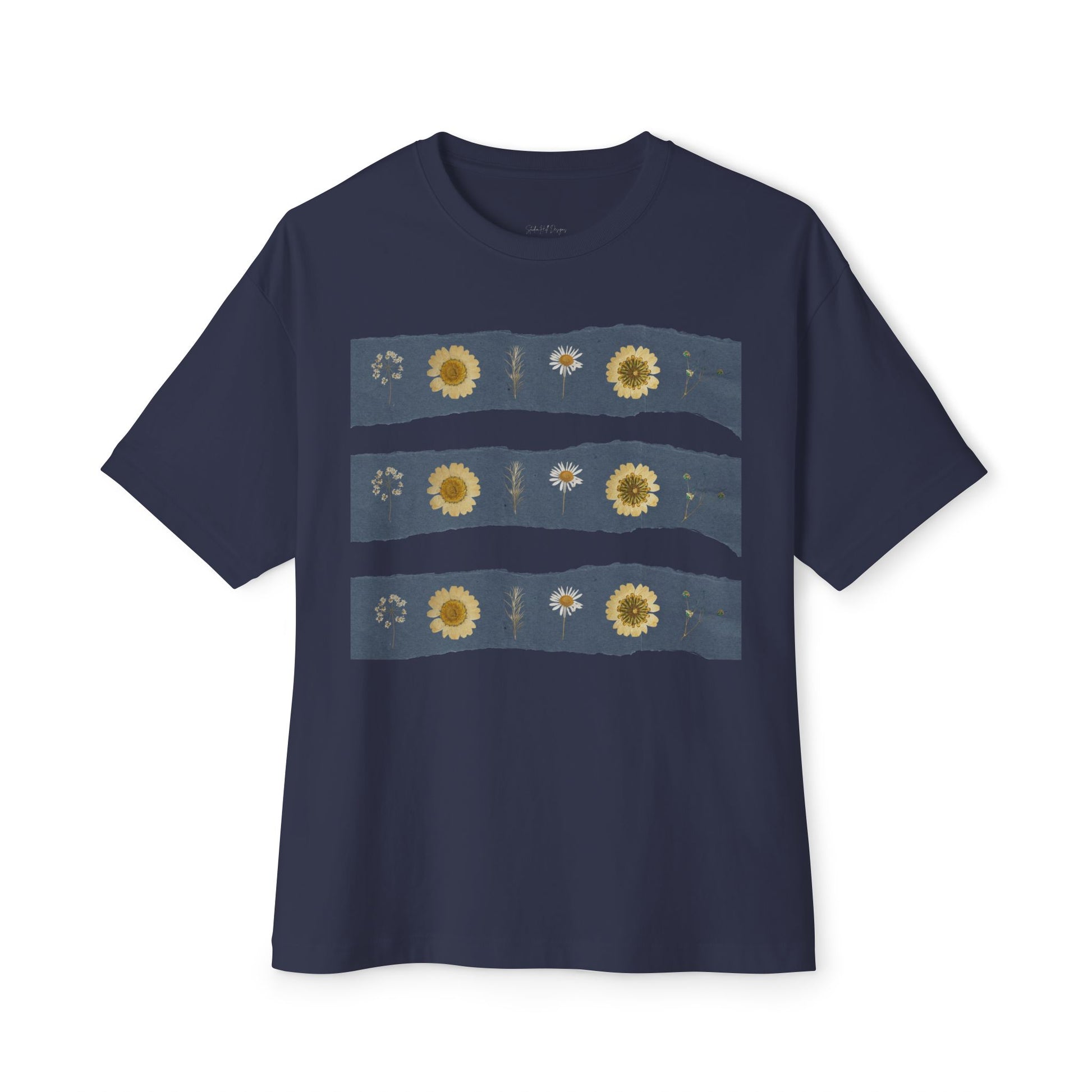 Navy oversized wildflower graphic t-shirt with blue stripes on a white background created by Studio Hill Designs.