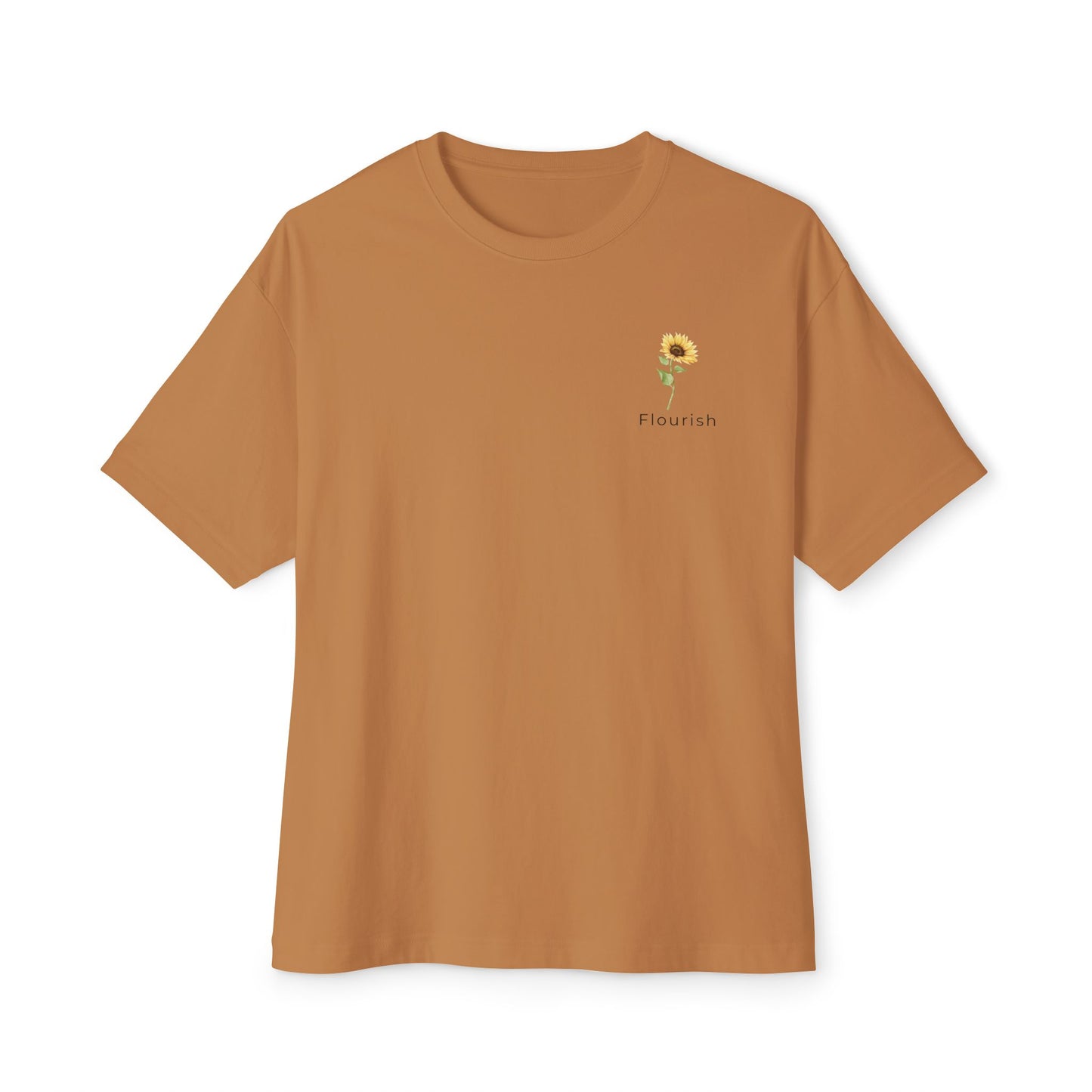 orange t-shirt with a small sunflower design and 'Flourish' text underneath on a white background