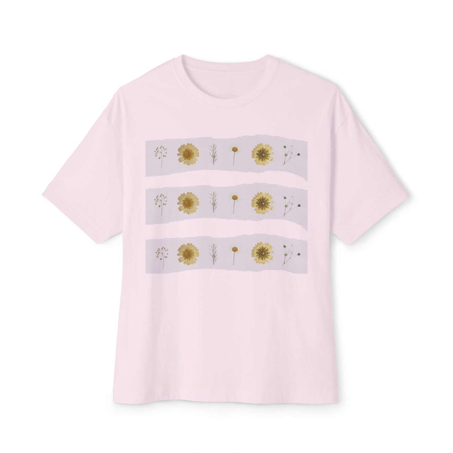 Pink oversized wildflower graphic t-shirt with blue stripes on a white background created by Studio Hill Designs.