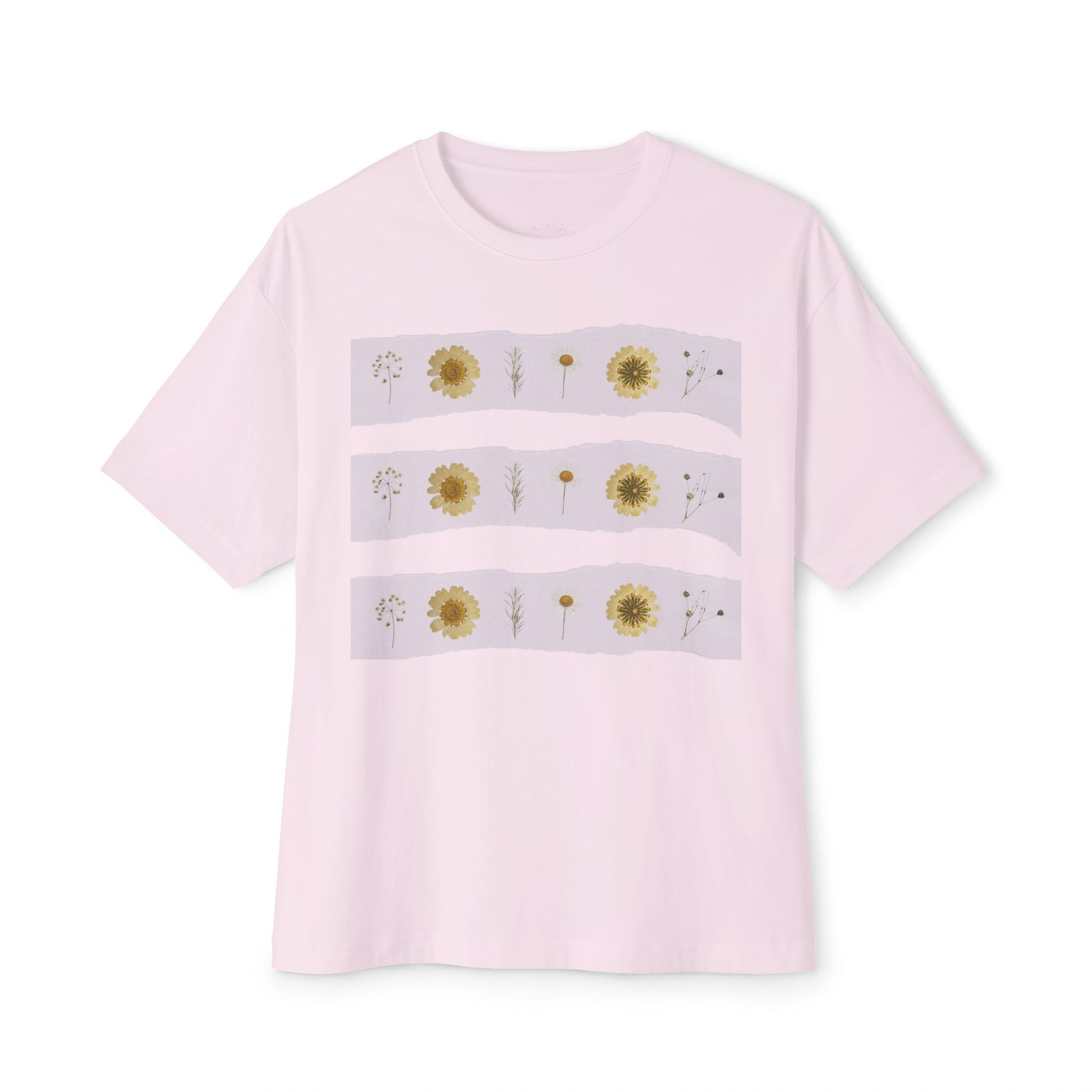 Pink oversized wildflower graphic t-shirt with blue stripes on a white background created by Studio Hill Designs.