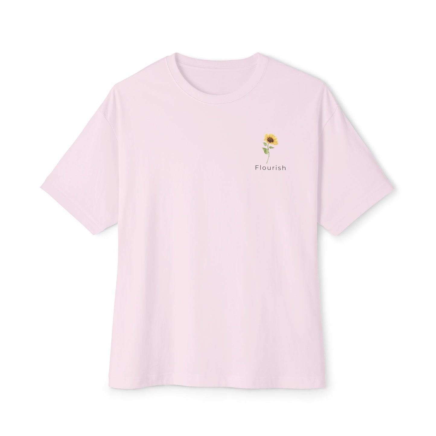 light pink t-shirt with a small sunflower design and 'Flourish' text underneath on a white background designed by studio hill designs