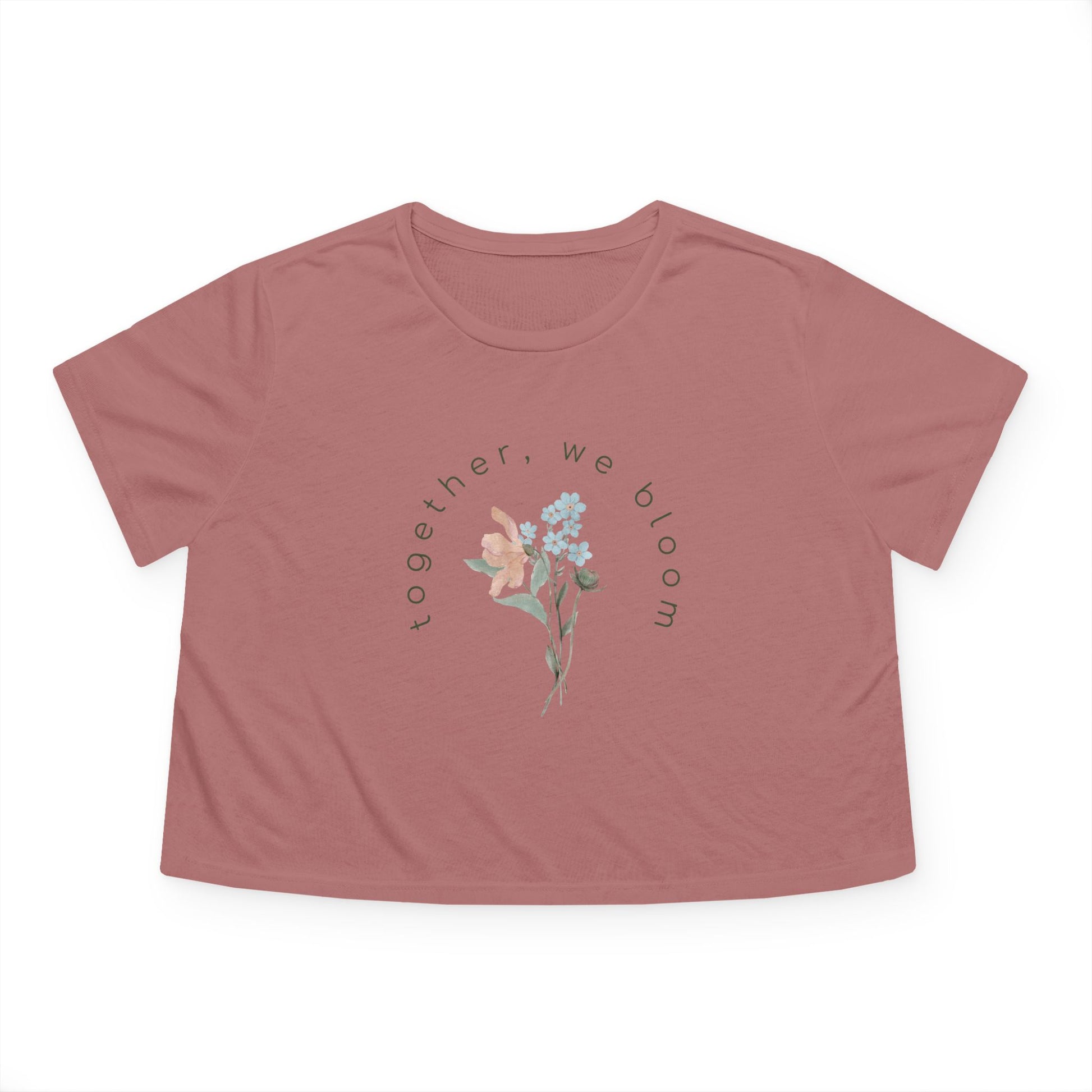 pink cropped t-shirt by studio hill designs with floral design and text 'together we bloom'  on a white background