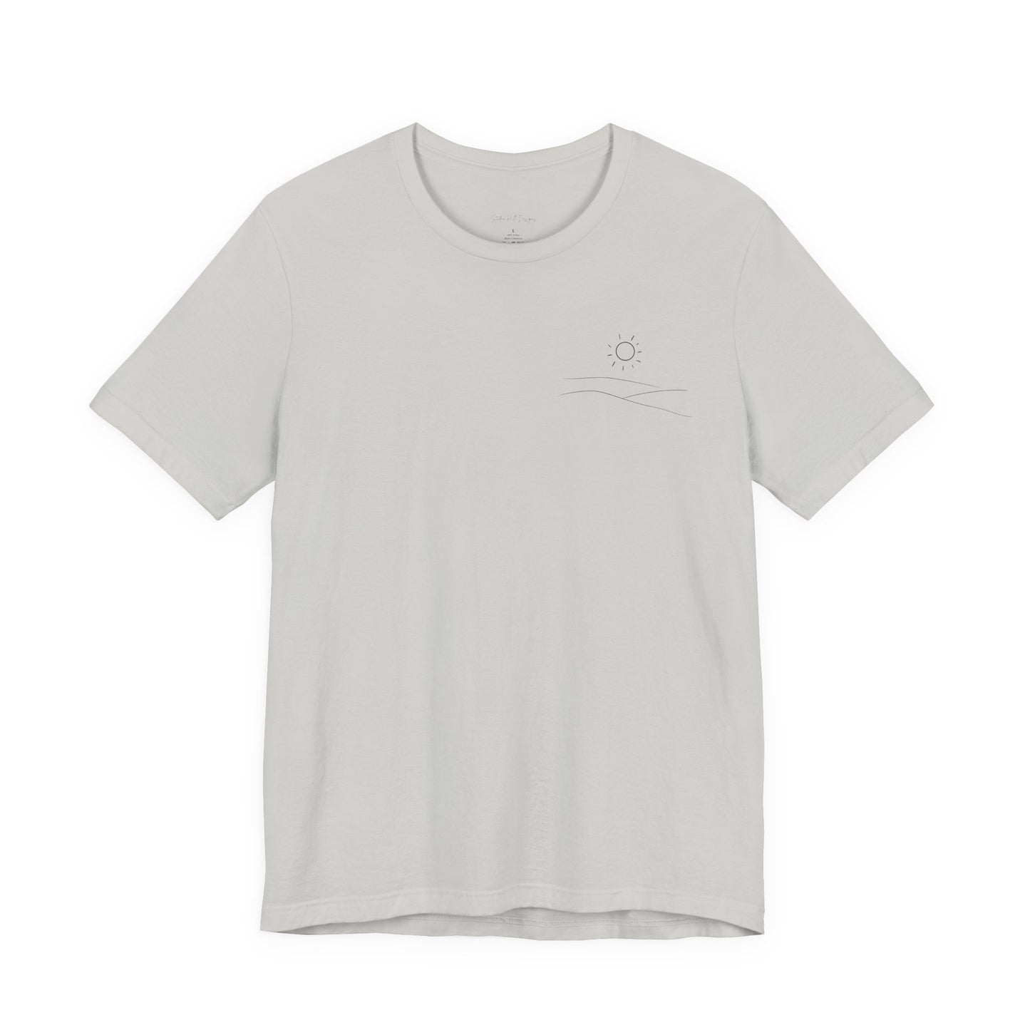 Light gray studio hill designs signature  t-shirt with a small rolling hills and sun logo on a white background