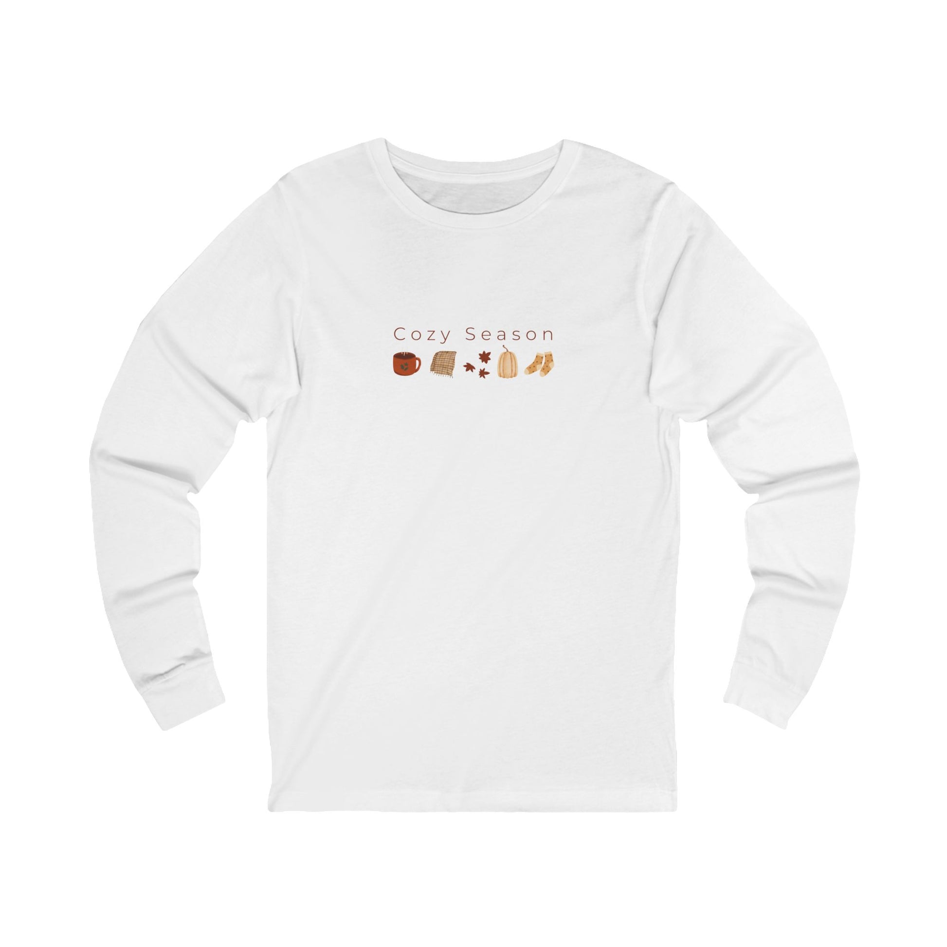 White long-sleeve shirt with 'Cozy Season' text and fall-themed graphics on a white background designed by studio hill designs