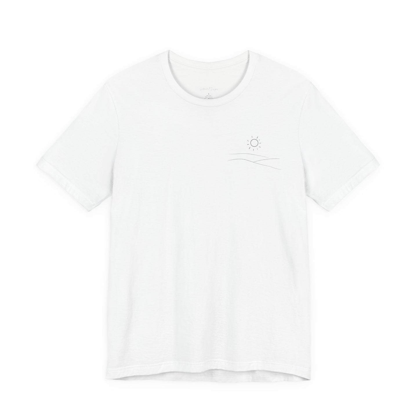 white studio hill designs signature  t-shirt with a small rolling hills and sun logo on a white background