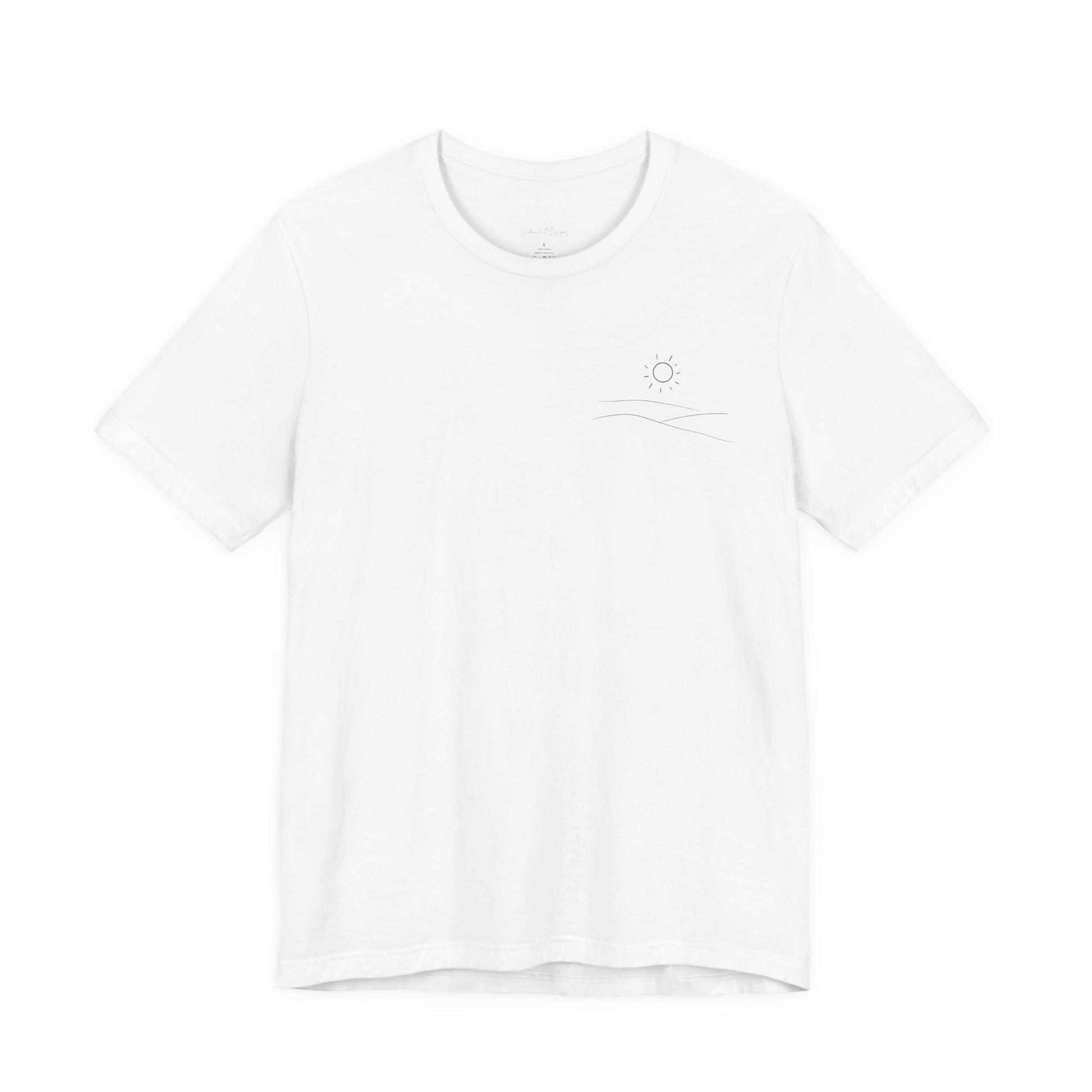white studio hill designs signature  t-shirt with a small rolling hills and sun logo on a white background