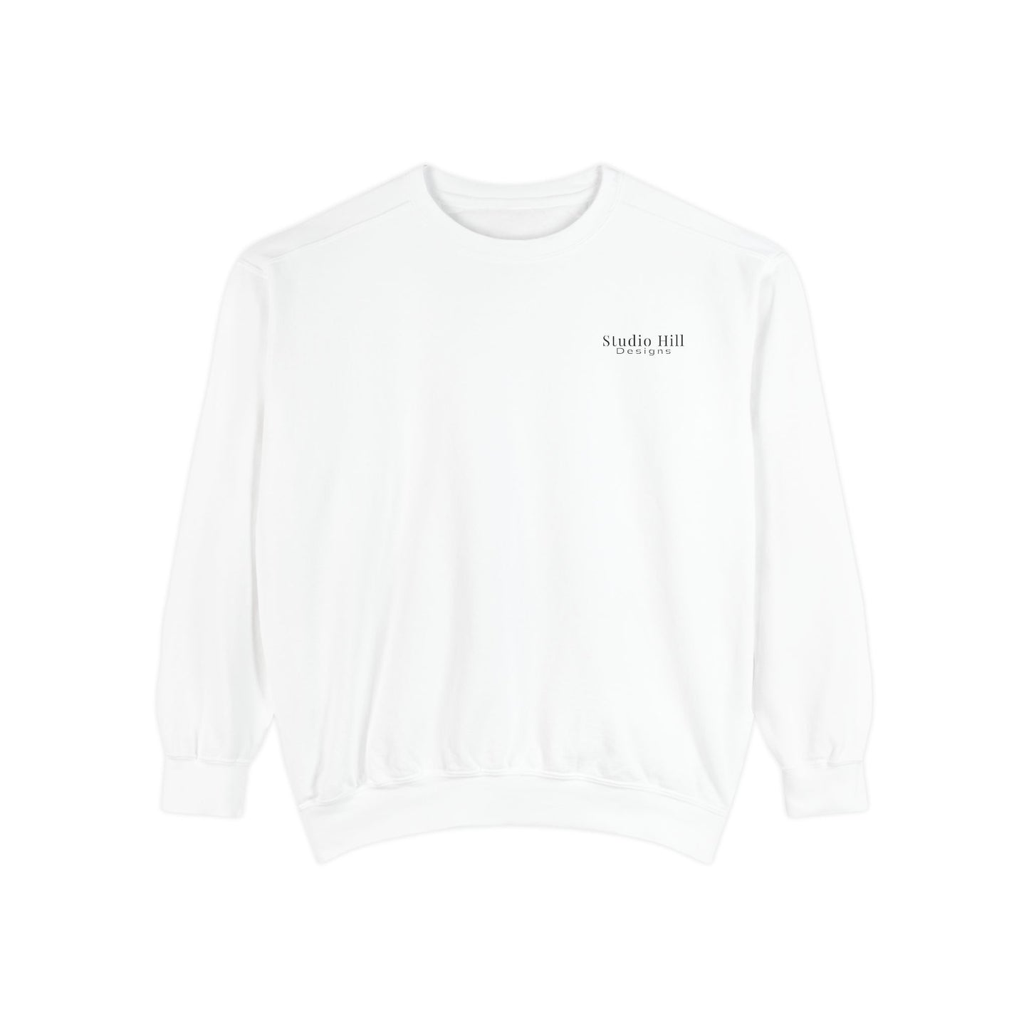 Front of Studio Hill Designs unisex white crew sweatshirt 