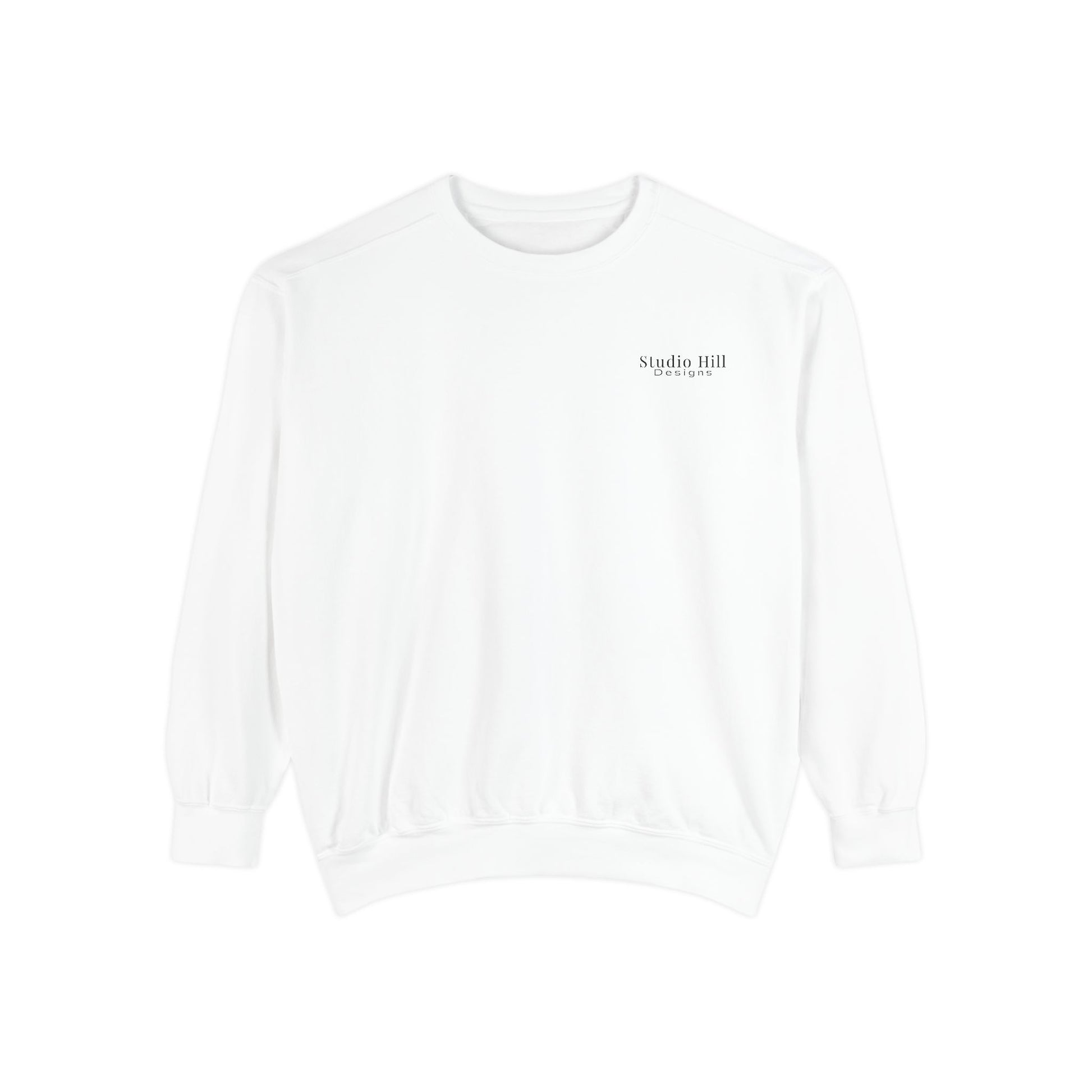 Front of Studio Hill Designs unisex white crew sweatshirt 