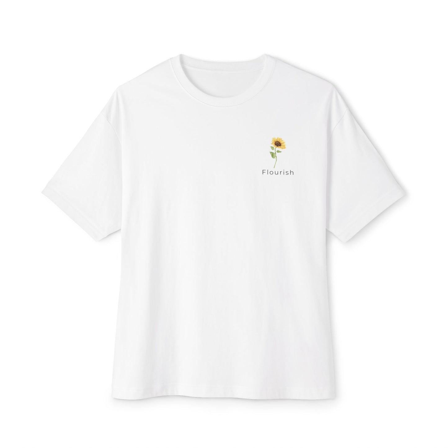 white t-shirt with a small sunflower design and 'Flourish' text underneath on a white background designed by studio hill designs